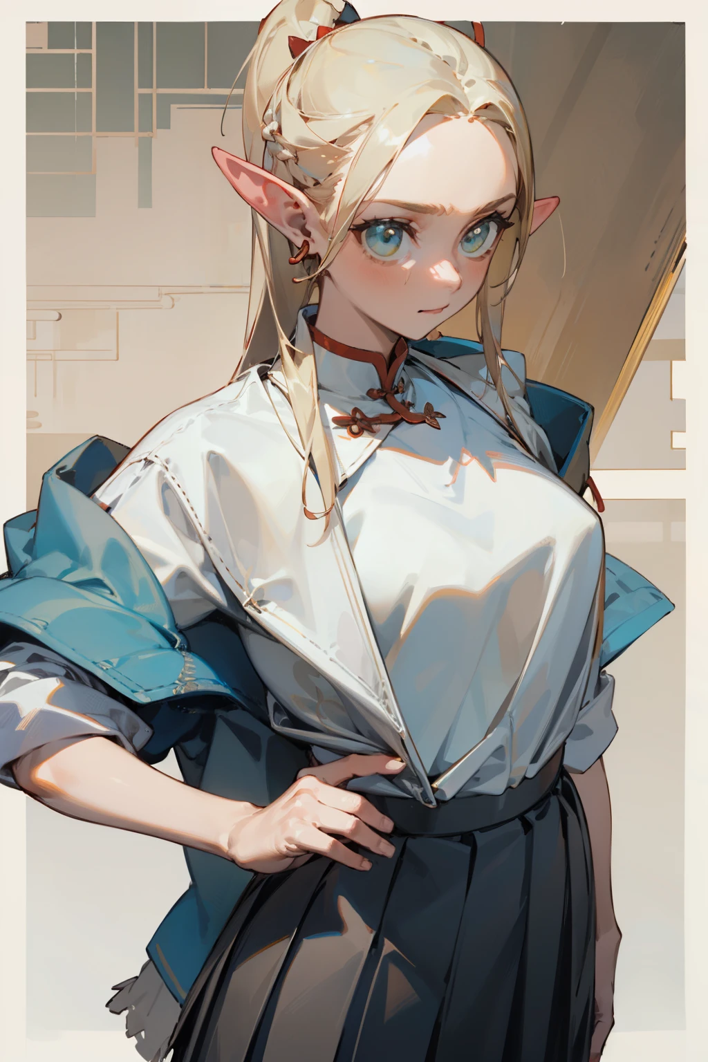 (masterpiece, best quality) detailed,silver accessories , Blonde ,elegant, pointed ears ,Chinese element pattern,White shirt,bikini,pleated skirt