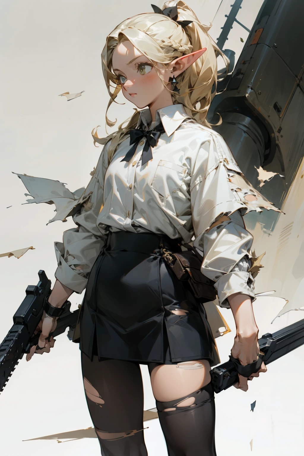 (masterpiece, best quality) detailed, Wearing black tights, silver accessories , blonde ,elegant, pointed ears ，white shirt，torn clothes,firearms
