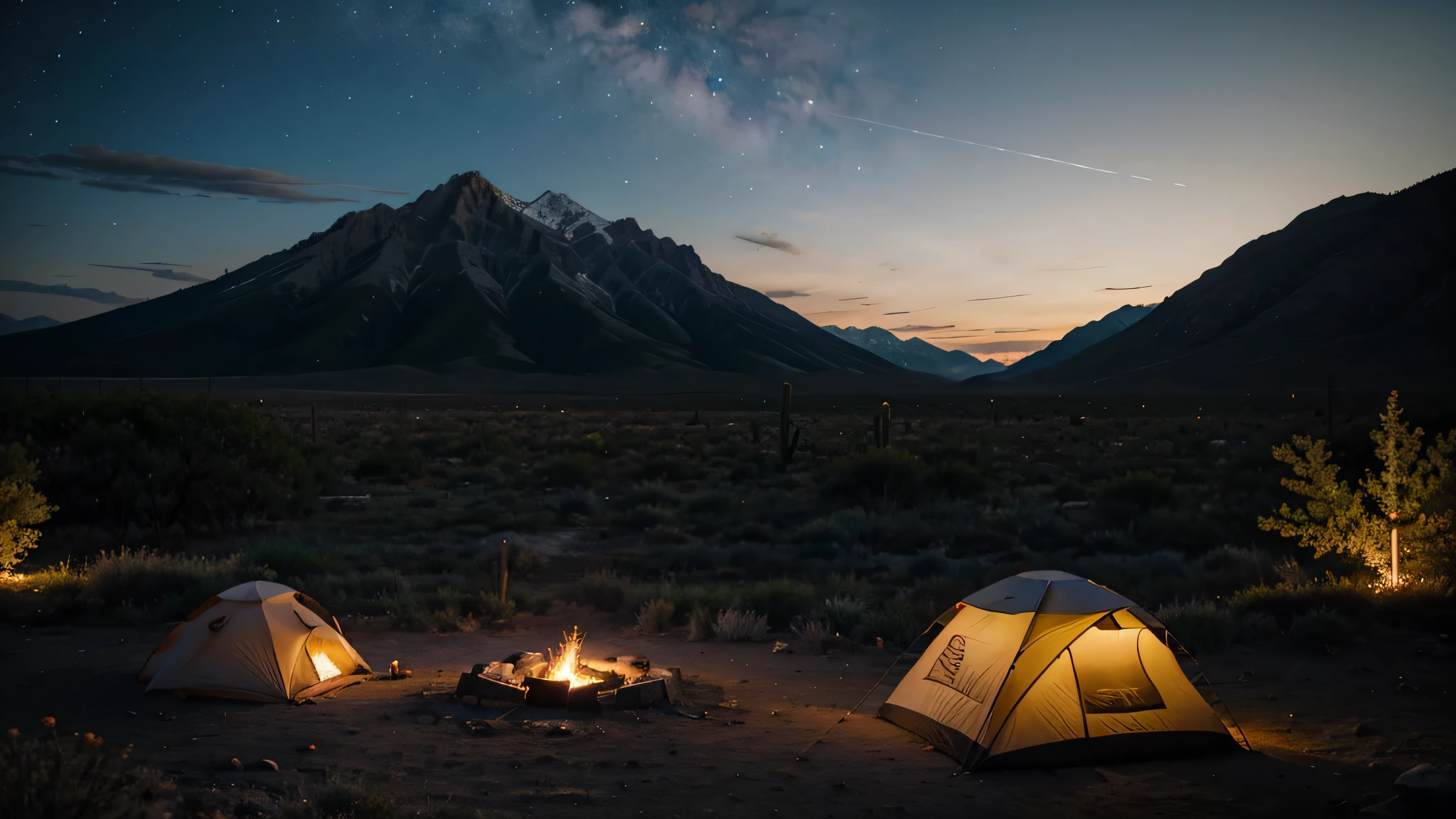 night photography with 35mm lens. the galaxy is visible in the sky, the area is in texas america, with a desert there is a tent and next to it there is a fire, in the background there are rocky mountains