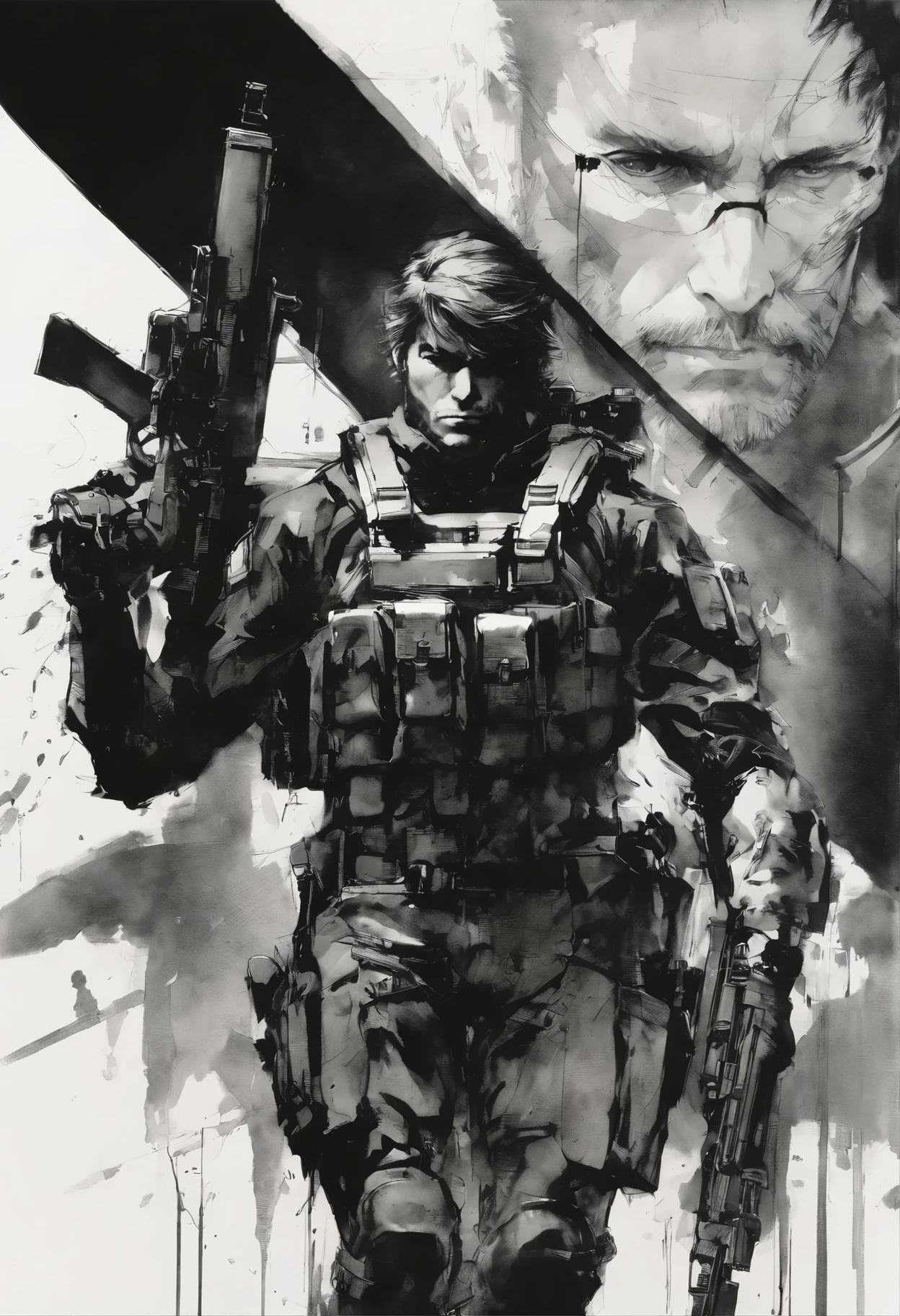 Yoji Shinkawa,ink painting,Pen,black and white,Mechanical Design,metal gear solid,