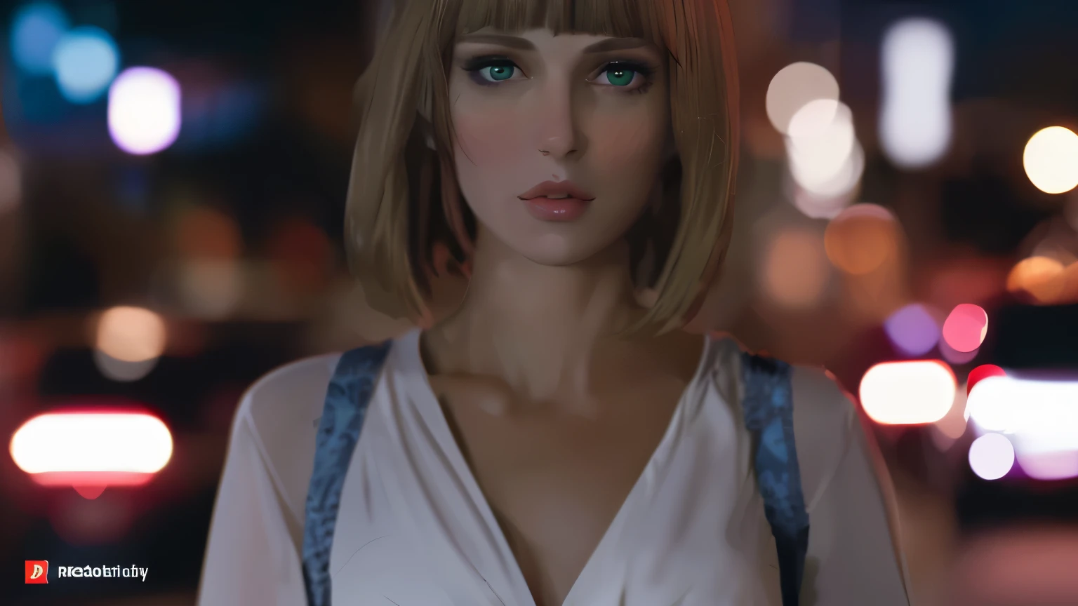 Paulina Andreeva with short light brown hair, light green eyes, elegant and perfect lips, looking at the viewer, in a casual blouse