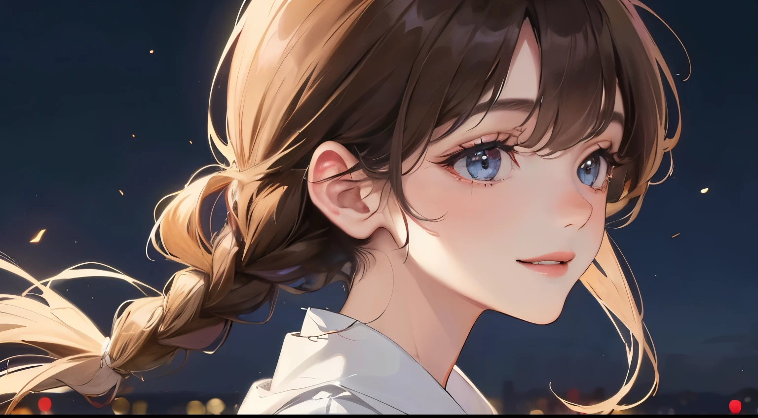 (((one girl)))、((night walk))、Masterpiece,best quality, (((View from the side))), determined expression, ((Smile))、blue shirt、upper body diagram
(highest resolution、clear_image)、best quality、contrast of light and shadow、((illumination))、very detailed、semi-realistic、braided hairstyle、brown hair、bangs、25 years old、office Lady,,young、((night background))、delicate facial features facial features、