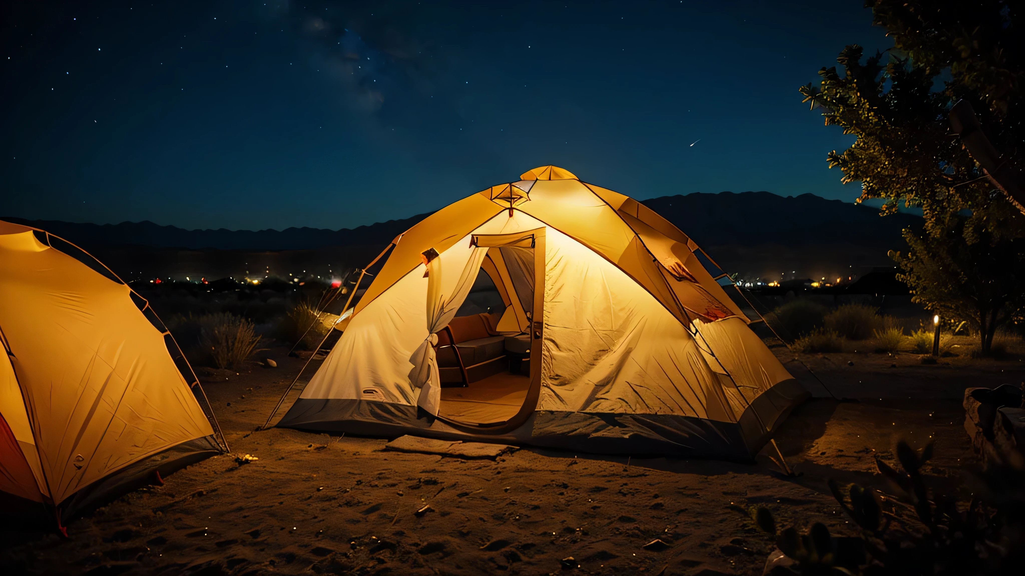 night photography with 35mm lens. the galaxy is visible in the sky, the area is in texas america, with a desert there is a tent and next to it there is a fire, in the background there are rocky mountains