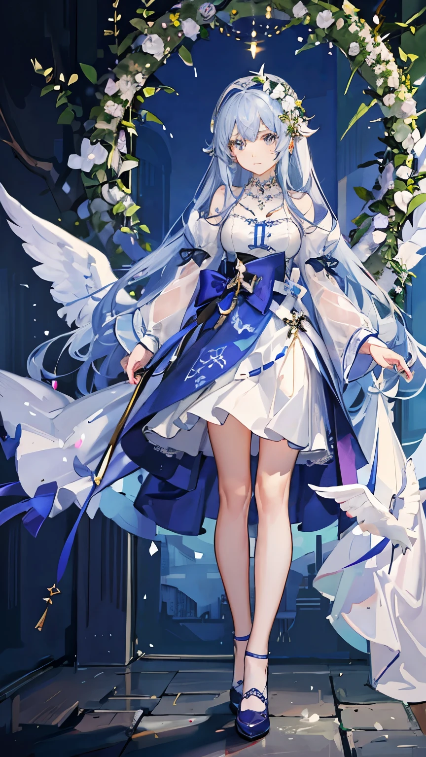 wearing a skirt,Royal sister,standing。Tall。Wear cloth shoes。White skin,The face of an angel,Detailed facial features wearing a wreath on head and necklace around neck