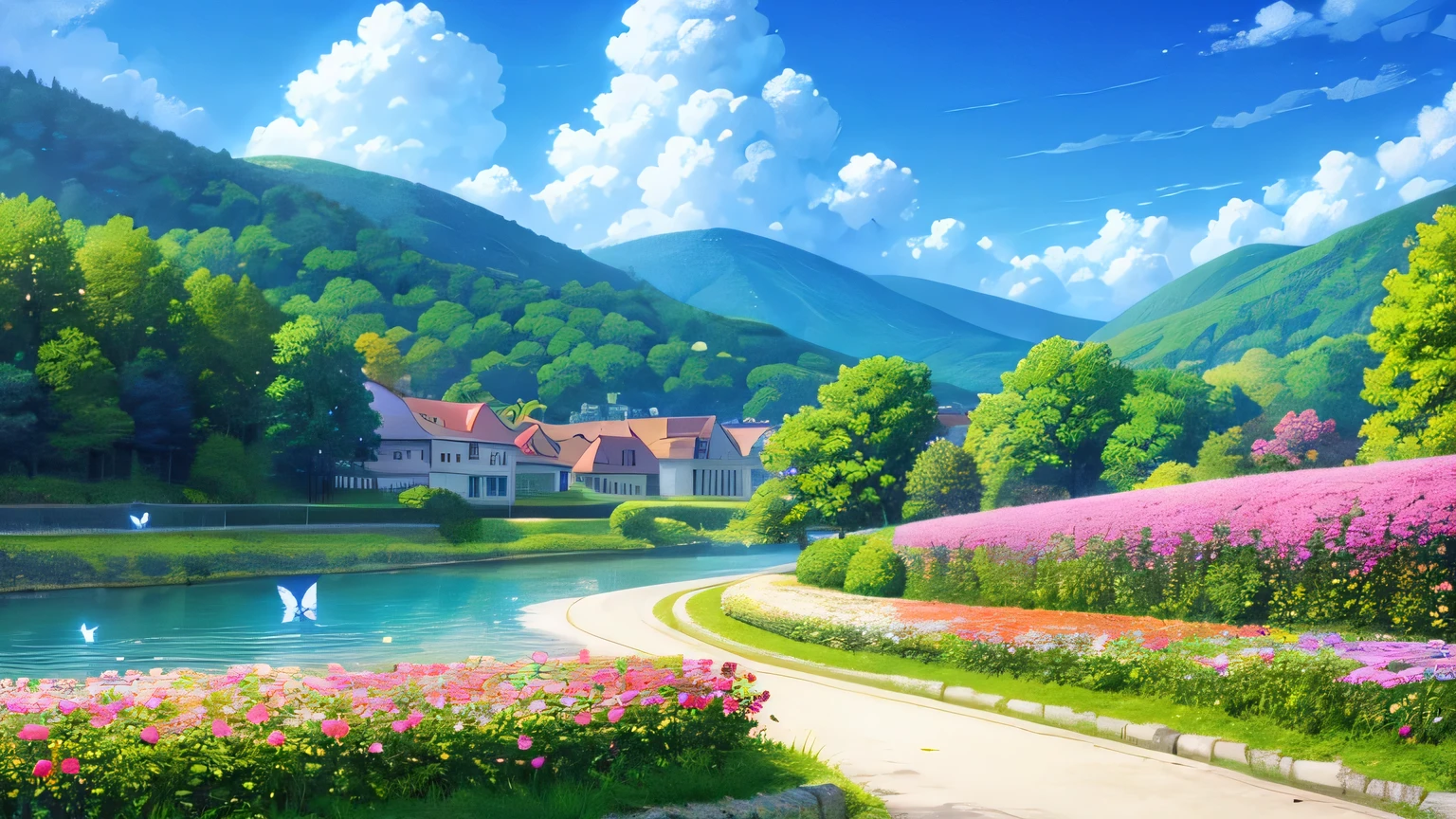 spring (season), background, high quality, extremely detailed, spring time, anime background, river, flowers roses and blue, butterfly, colored