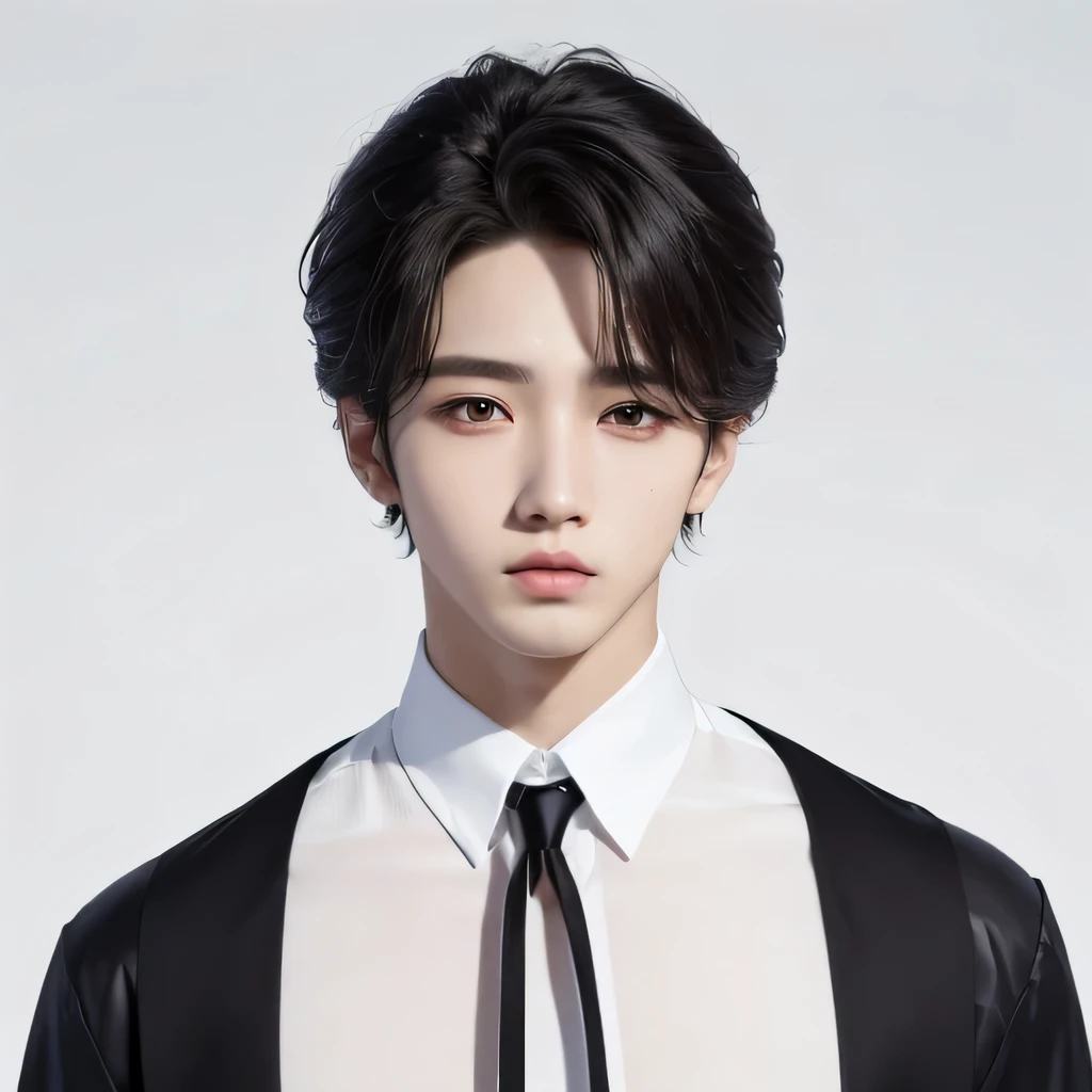 uma imagem oficial de um homem de terno e gravata, Cai Xukun, Jinyoung Shin, hyung tae, Yanjun Chengt, taken at the beginning of 2020, Inspirado em Jeonseok Lee, adorable and pale korean face, homem sul-coreano, Jaeyeon Nam, taejune kim, inspirado em Yanjun Cheng, profile picture with headshot, Hong junho hyung ((casal)),((Ulzzang)),arte oficial, papel de parede da unidade 8k, ultra detalhado, aesthetics, obra de arte, melhor qualidade, fotorrealista,((fantasia)),((white studio background)),((homem&garota)),((olhos sensuais)),((olhos detalhados)),((rosto detalhado)),((corpo detalhado)),((menino mau face)),((menino mau)),((Bonito)),((modelagem poseodelo)),((juicy lips)),((croptop de couro)),((penteado com corte de lobo)),((perfect V-shaped head)),((posando livre)),((posando como modeloo)),((modelando franja poseessy)),((sexy expression)),((corpo perfurante)),((colar)),((brincos longos)),((Details of the neck tattoo)),((Lente de 50 mm))