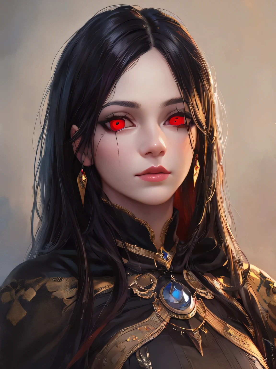 (realistic, painting style), mature, female, human, gray skin, fantasy clothes, long hair, black hair, beautiful hair, red eyes, black sclera, masterpiece, best quality, portrait, sharp eyes, realistic eyes, looking at viewer, dark cave, curt hair, female