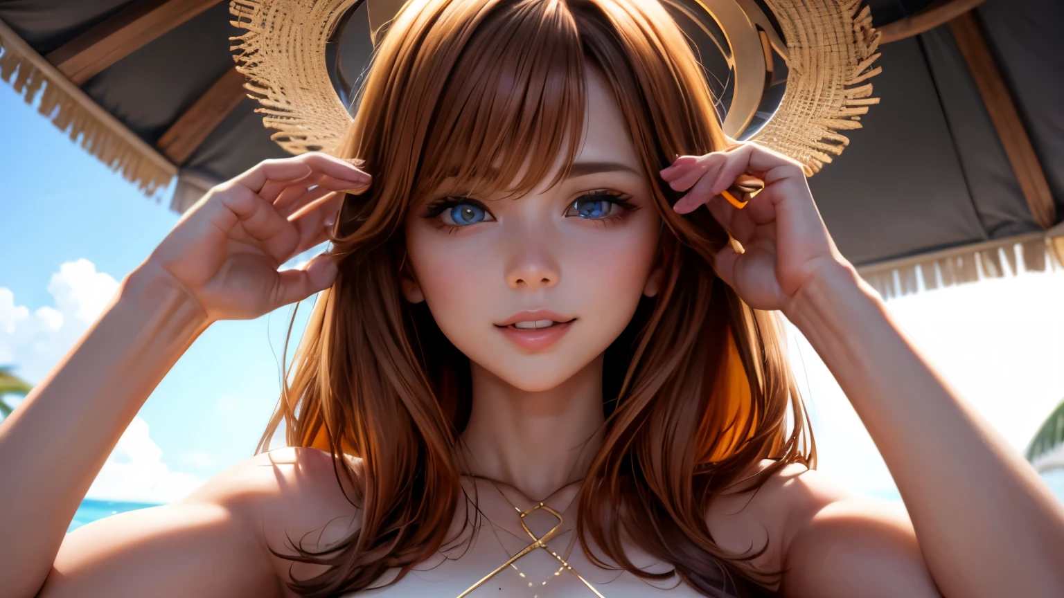 NSFW,from below,looking at the viewer,(highly detailed skin),white skasy art,best image quality,surrealist portrait,(8k),Super realistic,最high quality, high quality, High resolution, high quality texture,high detail,beautiful,Detailed,Very detailed CG,detailed texture,realistic expression of face,masterpiece,sense of presence,dynamic,bold),(soft hair),(straight hair:1.5),extra light coppery amber hair,short bob hair、cleavage、smile、beach