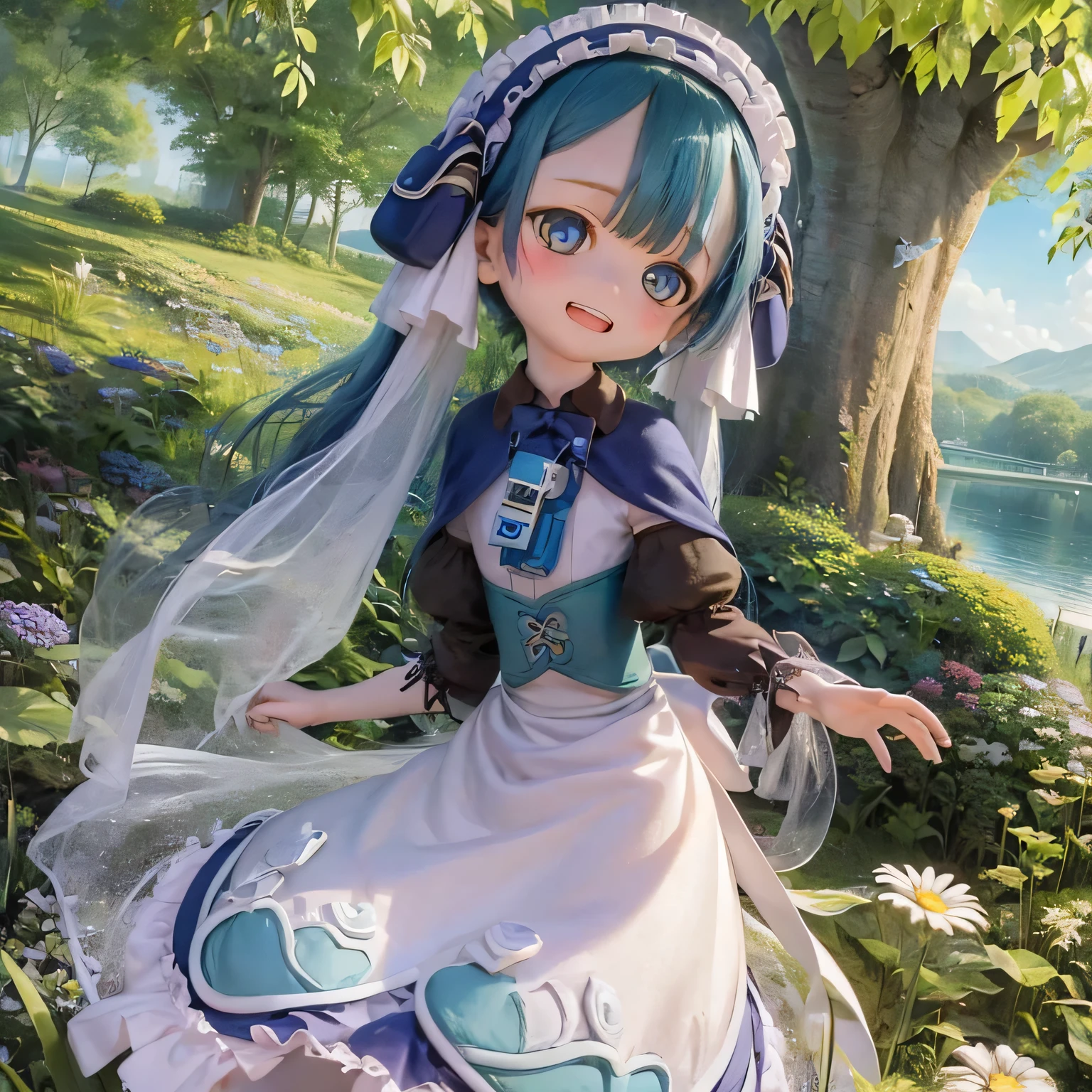 (highest quality, High resolution, masterpiece:1.2),super detailed,realistic:1.37,Maluluk from Made in Abyss,detailed and beautiful eyes,dense and beautiful lips,highly detailed eyes and face,long eyelashes,blue hair,curly hair,innocent look,smiled a little,white dress,Vibrant flowers in a lush garden々Standing in the,Butterflies are flying around,Soft sunlight illuminates her,emerald green grass,petals scattered on the ground,The endless blue sky in the background,A breeze rustling through her hair.waving