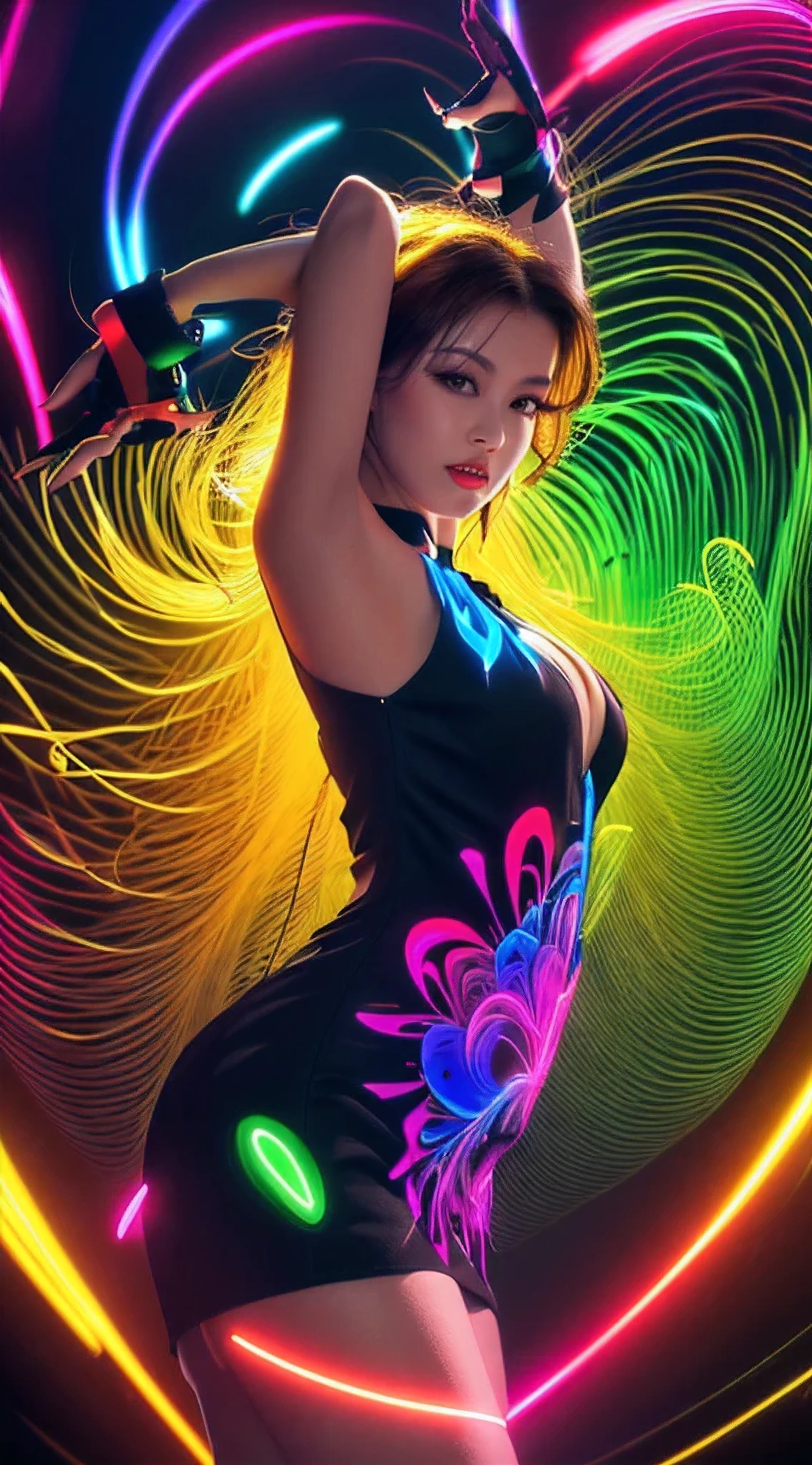 high quality, 8K Ultra HD, Imagine a vibrant canvas illuminated by a cascade of colorful ry code, forming the silhouette of a captivating woman, The dynamic lines and patterns, reminiscent of a digital dance, weave together to create a harmonious fusion of technology and art, The binaode, in hues ranging from electric blues to radiant reds and vivid greens, breathes life into the woman's form, Her silhouette emerges as a synthesis of the digital and the organic, a testament to the seamless integration of technology and beauty in your masterful creation, by yukisakura, high detailed,