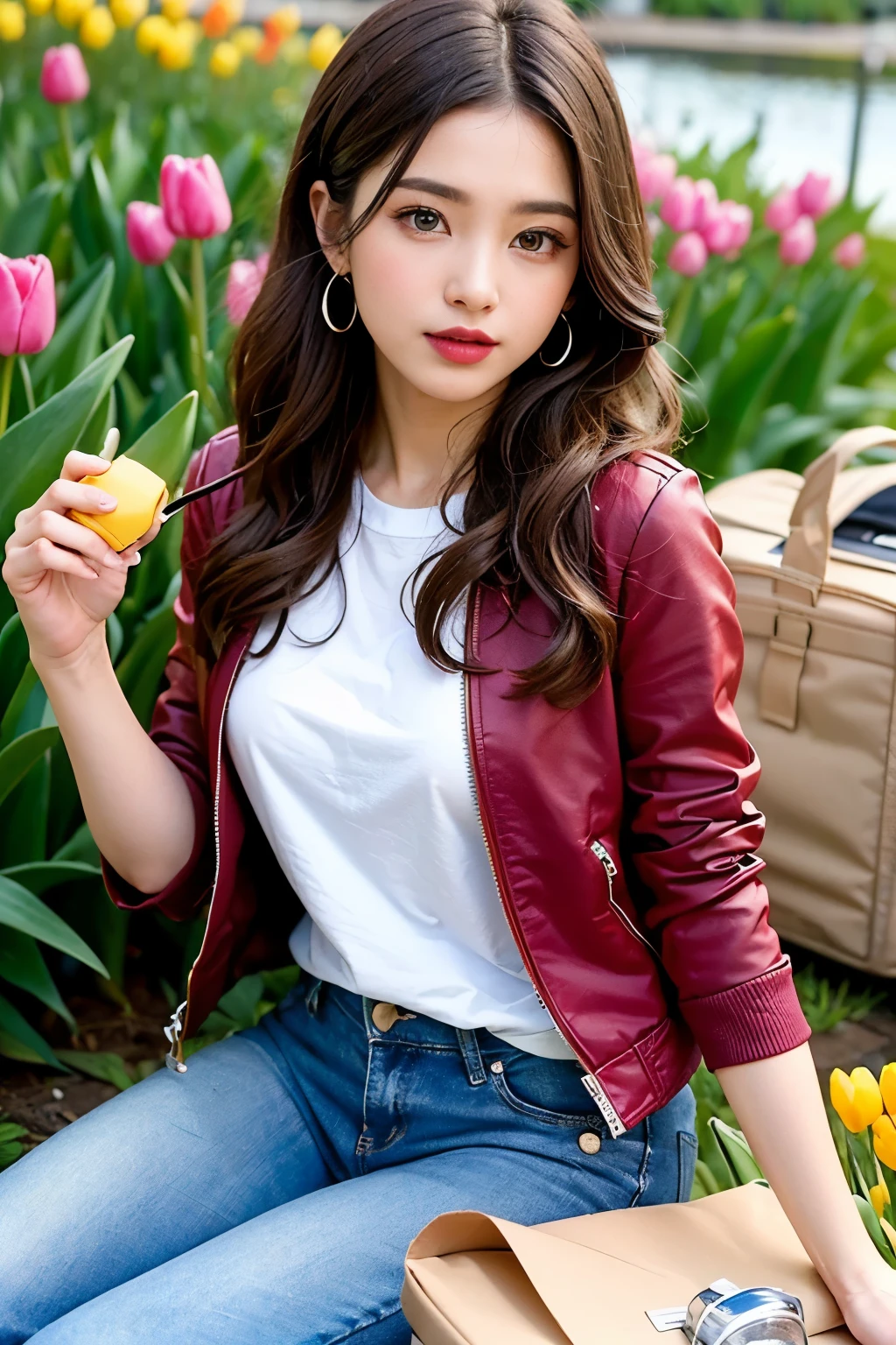 ((highest quality)), ((masterpiece)), (be familiar with), perfect face, detailed, (beautiful eyes, Big eyeiddle hair, light brown hair,curling hair, bright lipstick, hair behind ears, jeans jacket, shorts, garden, picnic sheet on the ground, tulips are blooming, Lake in the background, sitting, Lunch box on picnic sheet