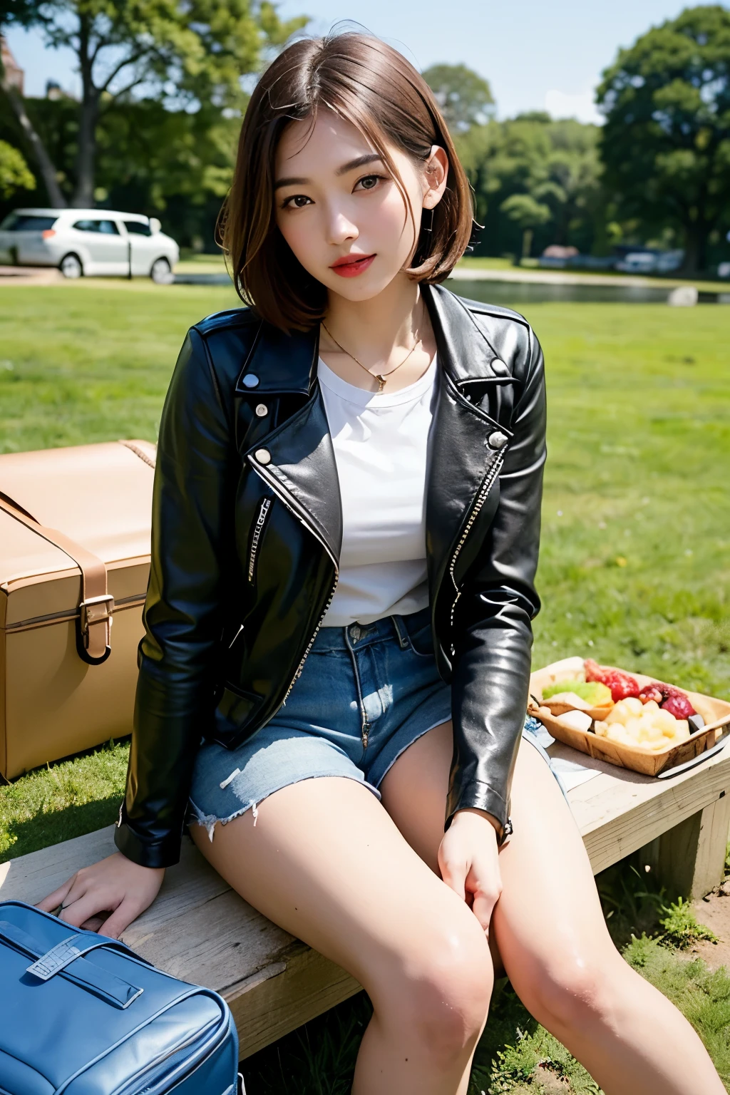 ((highest quality)), ((masterpiece)), (be familiar with), perfect face, detailed, (beautiful eyes, well-groomed eyebrows), short hair, light brown hair, bright lipstick, hair behind ears, leather jacket, shorts, garden, picnic sheet on the ground, Lake in the background, sitting, Lunch box on picnic sheet