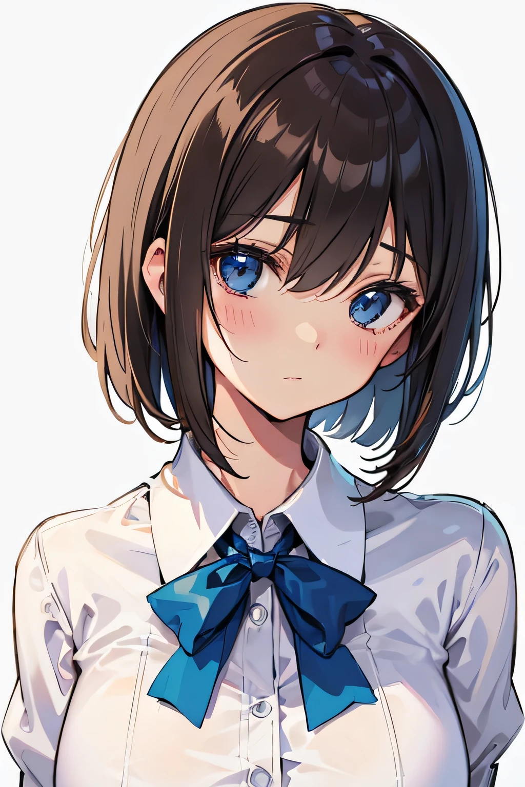 (highest quality), (Super detailed), (Best Illustration), (beautiful girl), (((from before))), (Upper body), (white collared shirt), (big breasts), brown hair, bob cut, hair between eyes, messy hair, The whole face turns red, blue eyes, ((white background)),open shirt, 