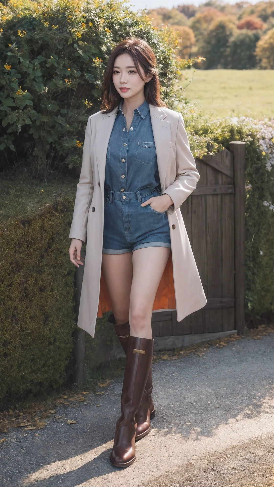 (best quality,high resolution,masterpiece:1.2),Super detailed,actual,Confident and determined noble character wearing orange soap clothes, Purple shirt, and panties, Paired with black short boots. This character has a country feel, Exudes a sense of nobility and majesty. The atmosphere is straightforward and bold, Capturing the Essence of Power and Confidence. The light is very soft, Enhance a character's features and accentuate his determined expression. The scene is set in a peaceful countryside,With a hint of autumn, Adds warmth to the overall composition、Feeling of peace.