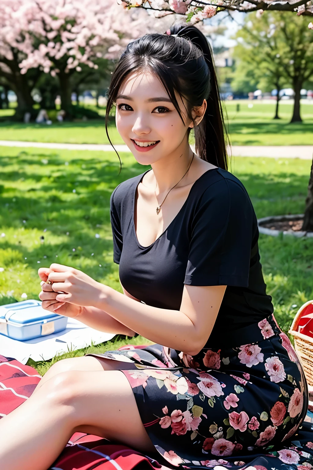 ((highest quality)), ((masterpiece)), (be familiar with), perfect face, (beautiful eyes, shiny skin) ,double eyelid, shiny black hair, ponytail, smile, floral pattern dress, long skirt, The place is a park, cherry tree in the background, picnic sheet on the ground, sitting, Lunch box on picnic sheet