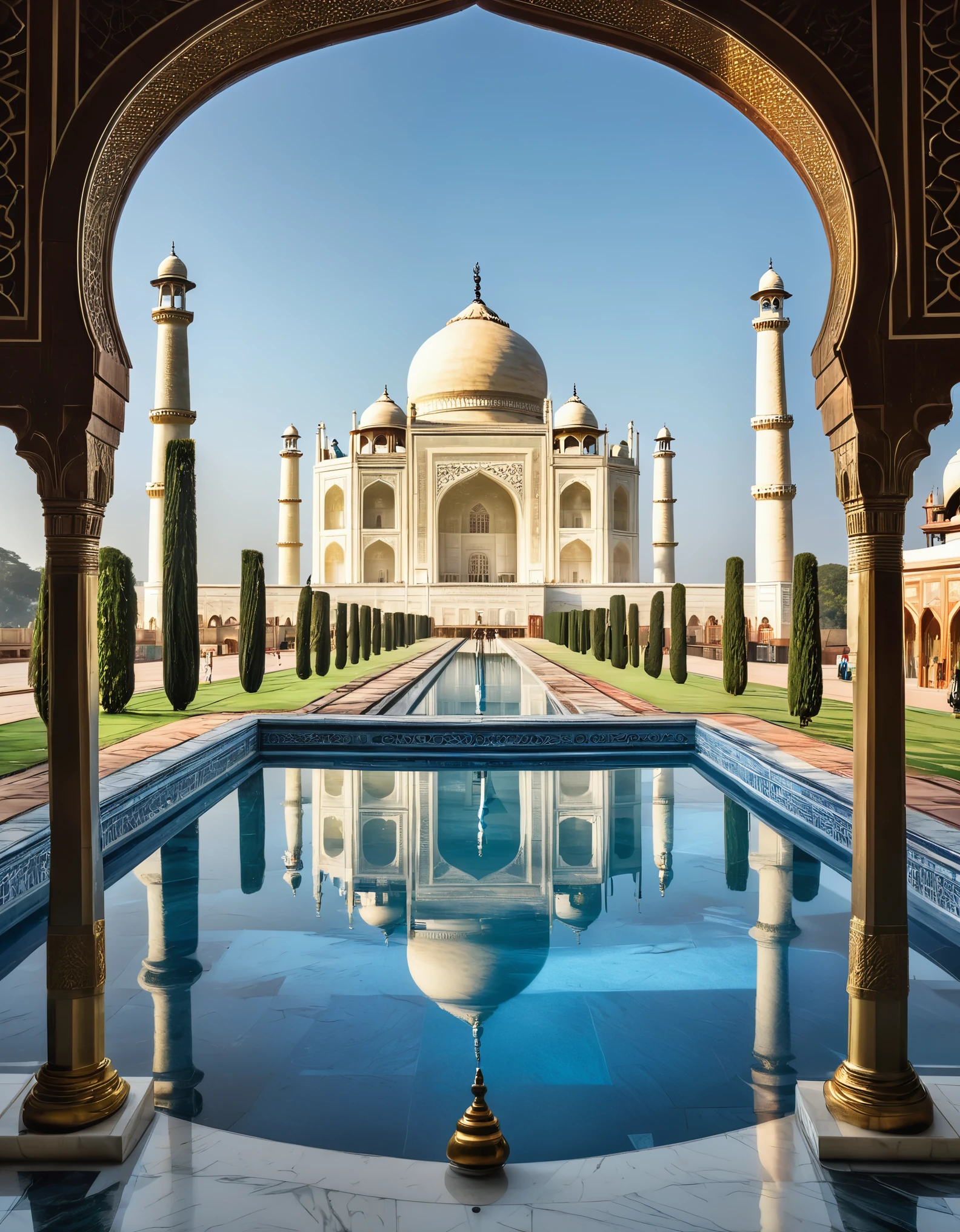 (best quality,4k,8k,highres,masterpiece:1.2),ultra-detailed,(realistic,photorealistic,photo-realistic:1.37),architectural masterpiece, symmetrical design, intricately symmetrical details, Taj Mahal, magnificent architecture, majestic beauty, elegant and symmetrical structure, intricate marble carvings, grand entrance, towering minarets, magnificent dome, spectacular white marble walls, enchanting reflection pool, lush gardens, peaceful atmosphere, shimmering moonlight, tranquil blue night.