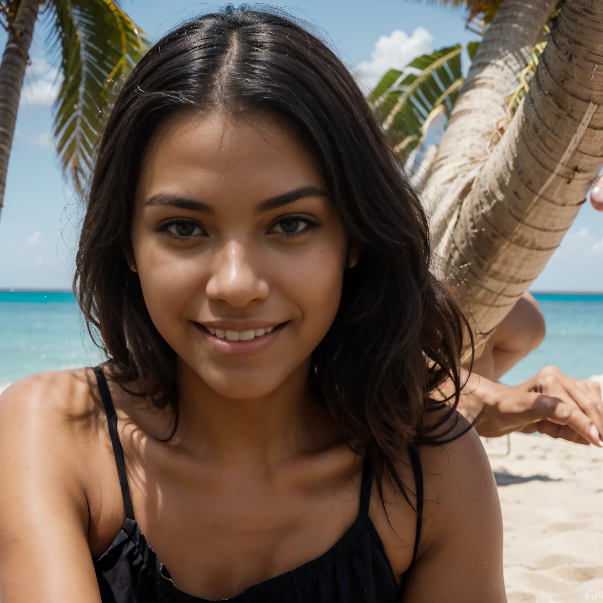 Mulher negra bonita, 23 anos, sorriso, praia