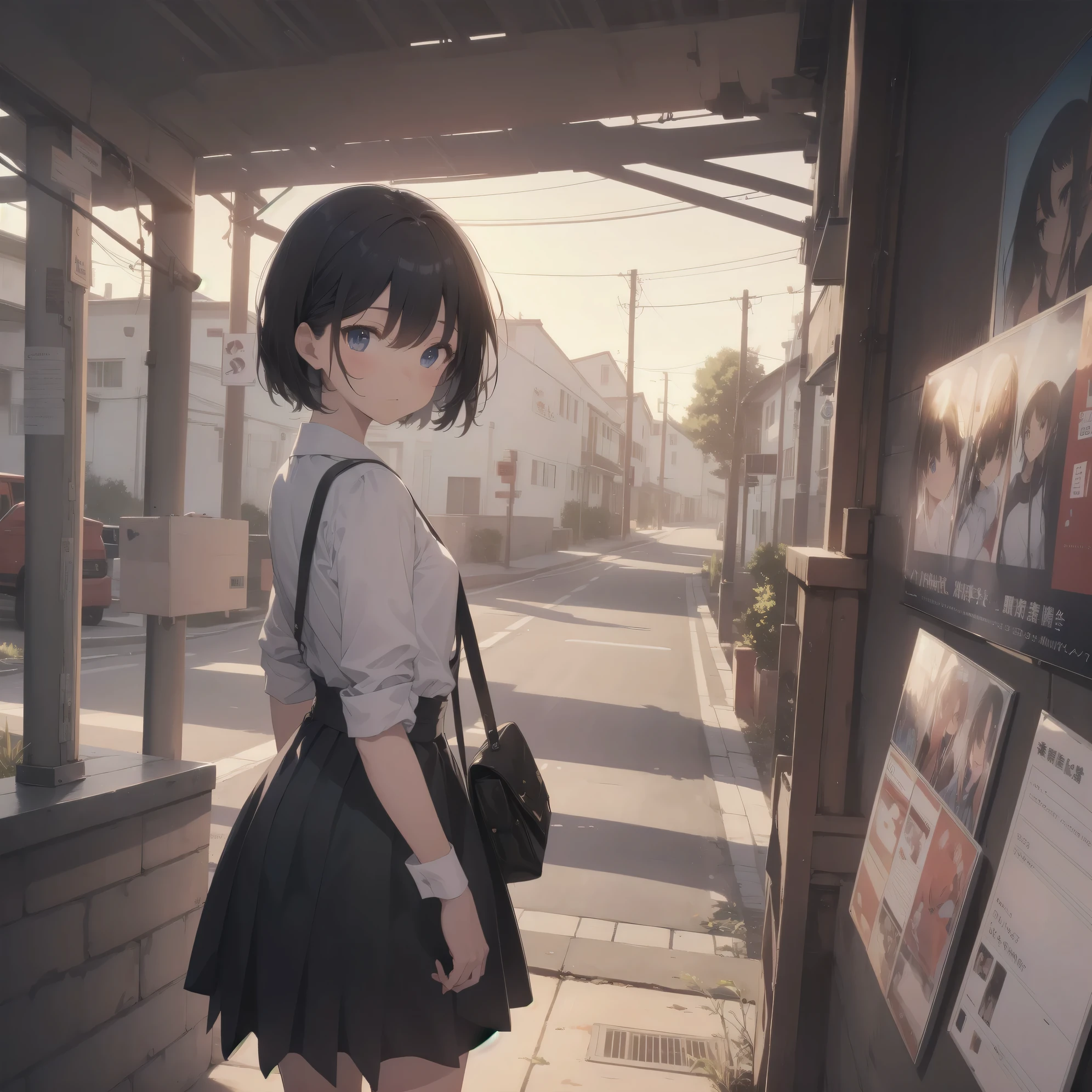 Super absurd quality by the god of art, super detailed, High resolution, anime moe art style, Best Anime 8K Kona-chan Wallpaper, pixiv contest winner, perfect anatomy, break, (眠そうにalone学校へ行く女の子を描いてください. )break,1 girl, (alone,little woman, cute face, :1.3),All limbs, full finger,, The charm of an immature body, (very_short hair), shortcut, Bang, flat chest, small ass, between legs, small black eyes, detailed and beautiful eyes, Well-proportioned iris and pupils, expressive eyes, High resolutionの詳細な髪, neck ribbon, shirt, collared shirt, skirt, pleated skirt, school uniform, (detailed lighting), (detailed background), On the way to school. break,super dense skin, Best cinematic lighting powered by famous artist, 8k,Beauty Illustration,photoshop_(Moderate),Absurd Hi-Res,Hmm,rough skin,break,((artist:Fujiyama)), artist:Fujichoko,artist:Yamamoto_Soichiro,artist:hanekoto