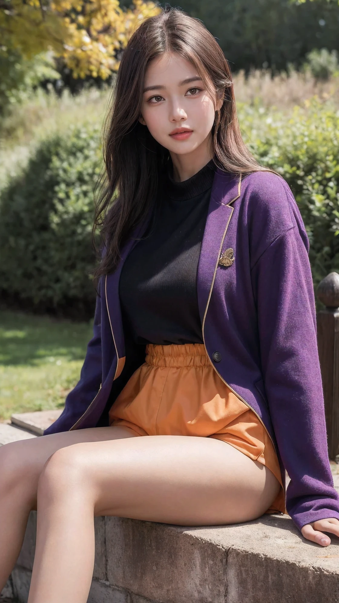 (best quality,high resolution,masterpiece:1.2),Super detailed,actual,Confident and determined noble character wearing orange soap clothes, Purple shirt, and panties, Paired with black short boots. This character has a country feel, Exudes a sense of nobility and majesty. The atmosphere is straightforward and bold, Capturing the Essence of Power and Confidence. The light is very soft, Enhance a character's features and accentuate his determined expression. The scene is set in a peaceful countryside,With a hint of autumn, Adds warmth to the overall composition、Feeling of peace.