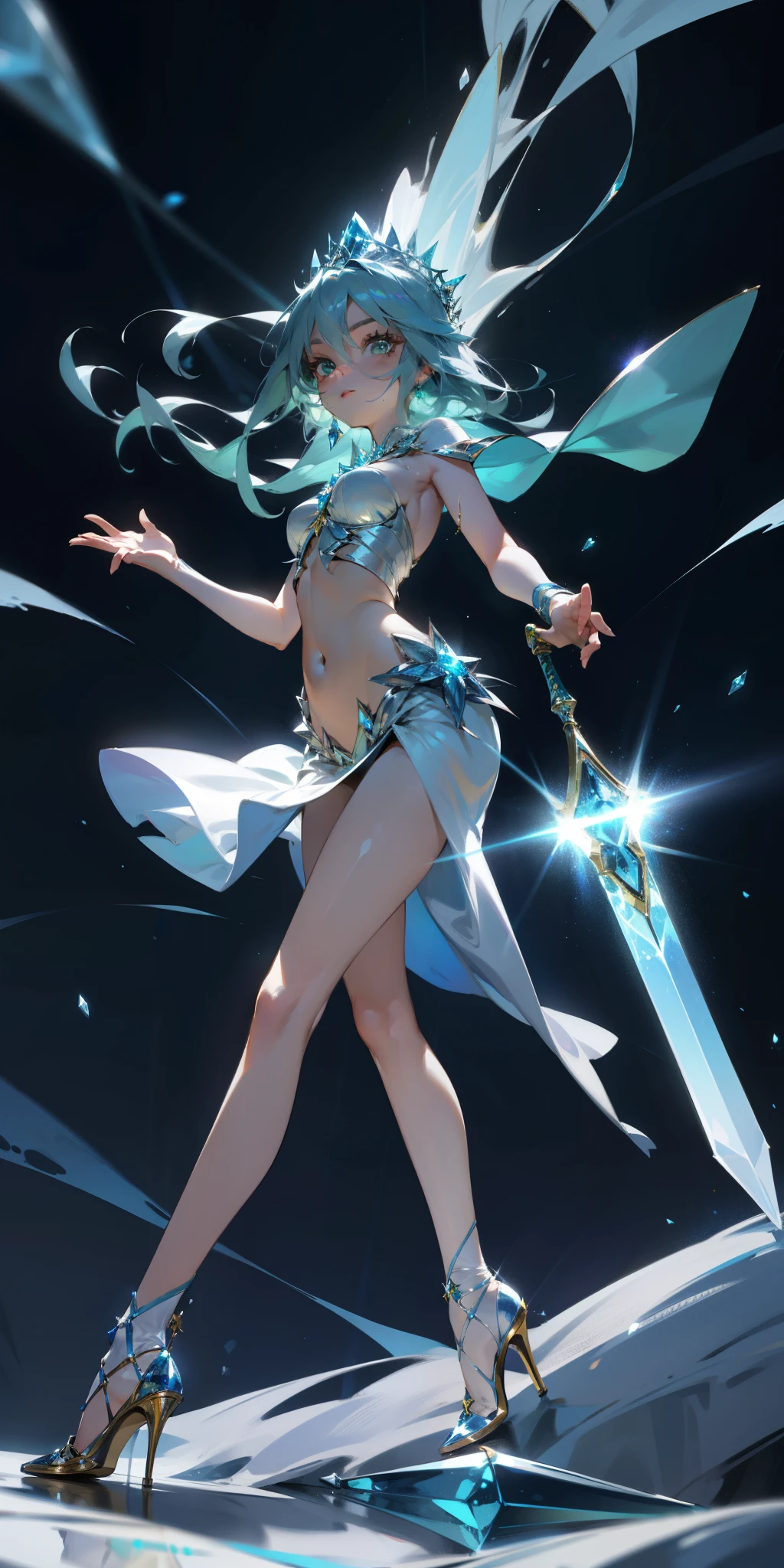 masterpiece,top quality,fantasy,Blue space with shining stars,ice cave,Girl using magic blonde girl),,green eyes,(Blue jewelry and luxurious silver tiara,Navel ejection、Gorgeous sexy girl in white dress,Blue gemstone brooch,golden decoration),White and blue high heels,white high socks、Wear blue socks on your right foot,Luxury sword,Blue gemstone in hand,Confident facial expression,Green cube glowing on the ground,Purple fog,Fly green laser beam,Posture of holding a sword with both hands,low angle,There are large blue crystals under your feet