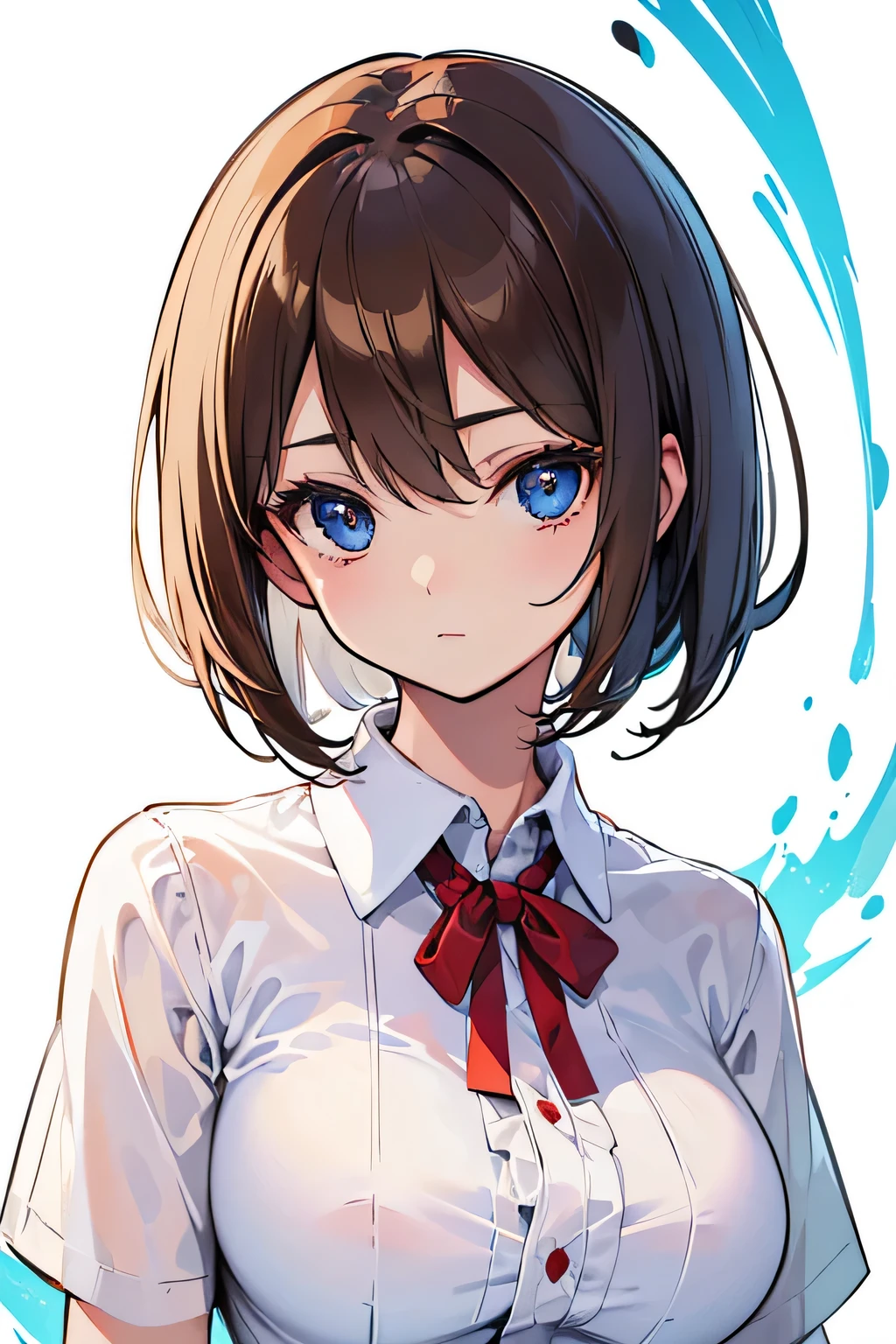 (highest quality), (Super detailed), (Best Illustration), (beautiful girl), (((from before))), (Upper body), (white collared shirt), (big breasts), brown hair, bob cut, hair between eyes, messy hair, The whole face turns red, blue eyes, ((white background)),open shirt,