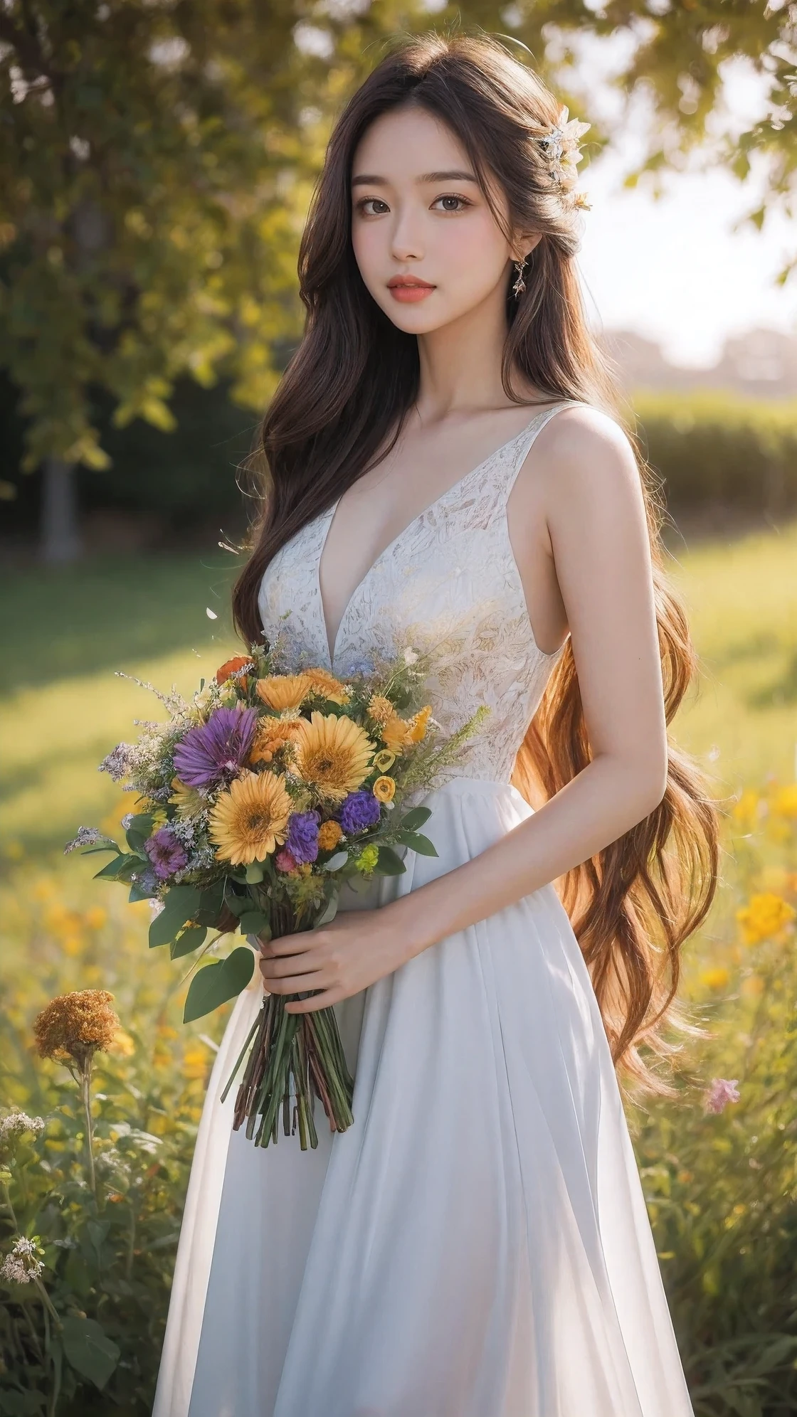 Beautiful and delicate eyes, flowing long hair, holding a bouquet of wild flowers, surrounded by lush greenery and blooming flowers, With golden sunset as background, Vibrant colors and vivid lights, oil painting style