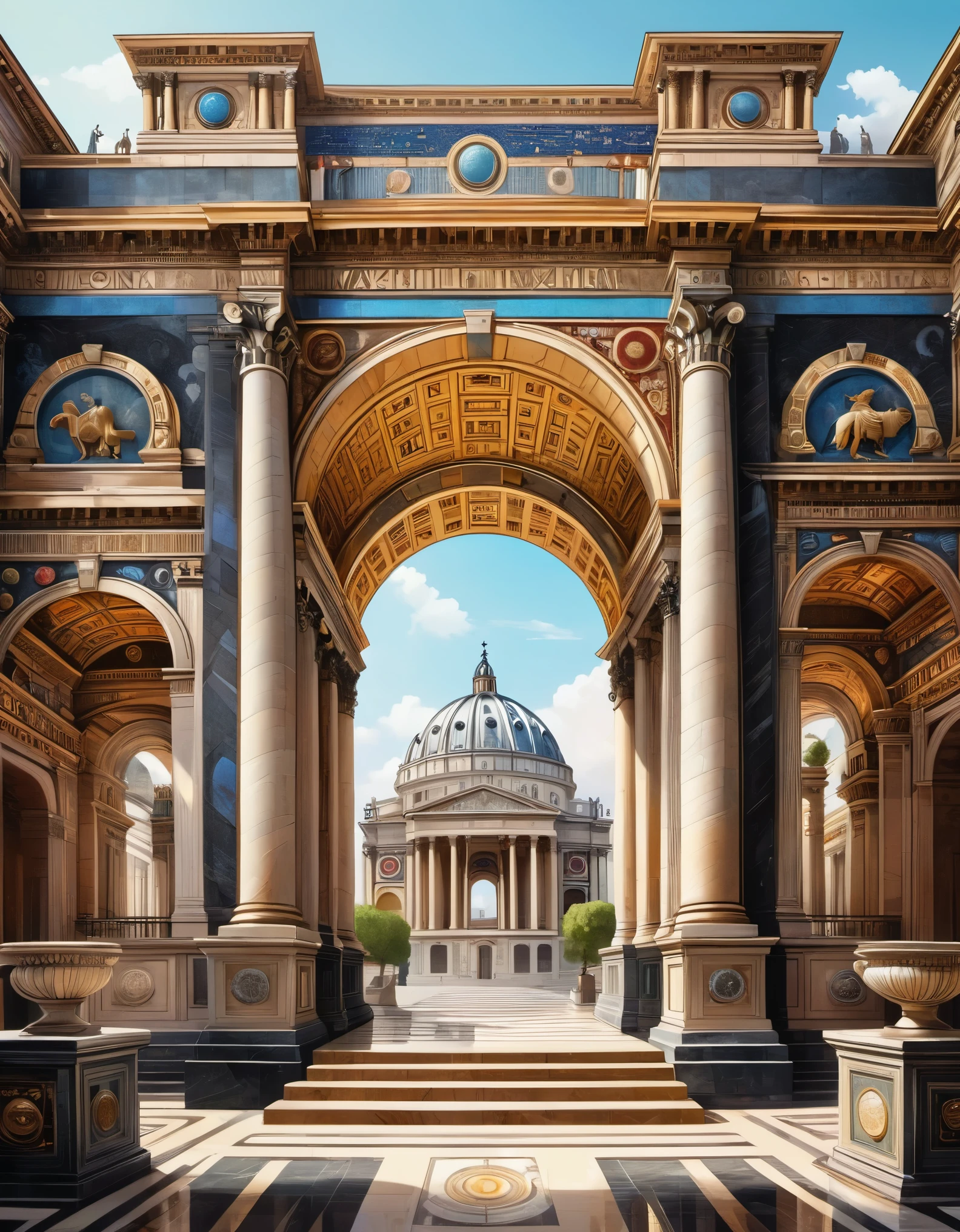 in style of Maximalism , a building,Symmetrical,beautiful details,Ancient Roman architecture