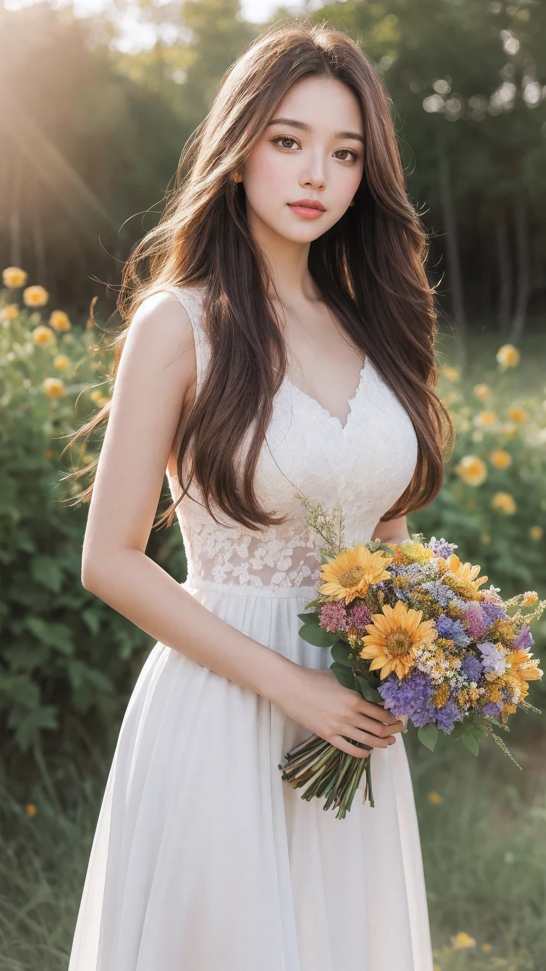 Beautiful and delicate eyes, flowing long hair, holding a bouquet of wild flowers, surrounded by lush greenery and blooming flowers, With golden sunset as background, Vibrant colors and vivid lights, oil painting style