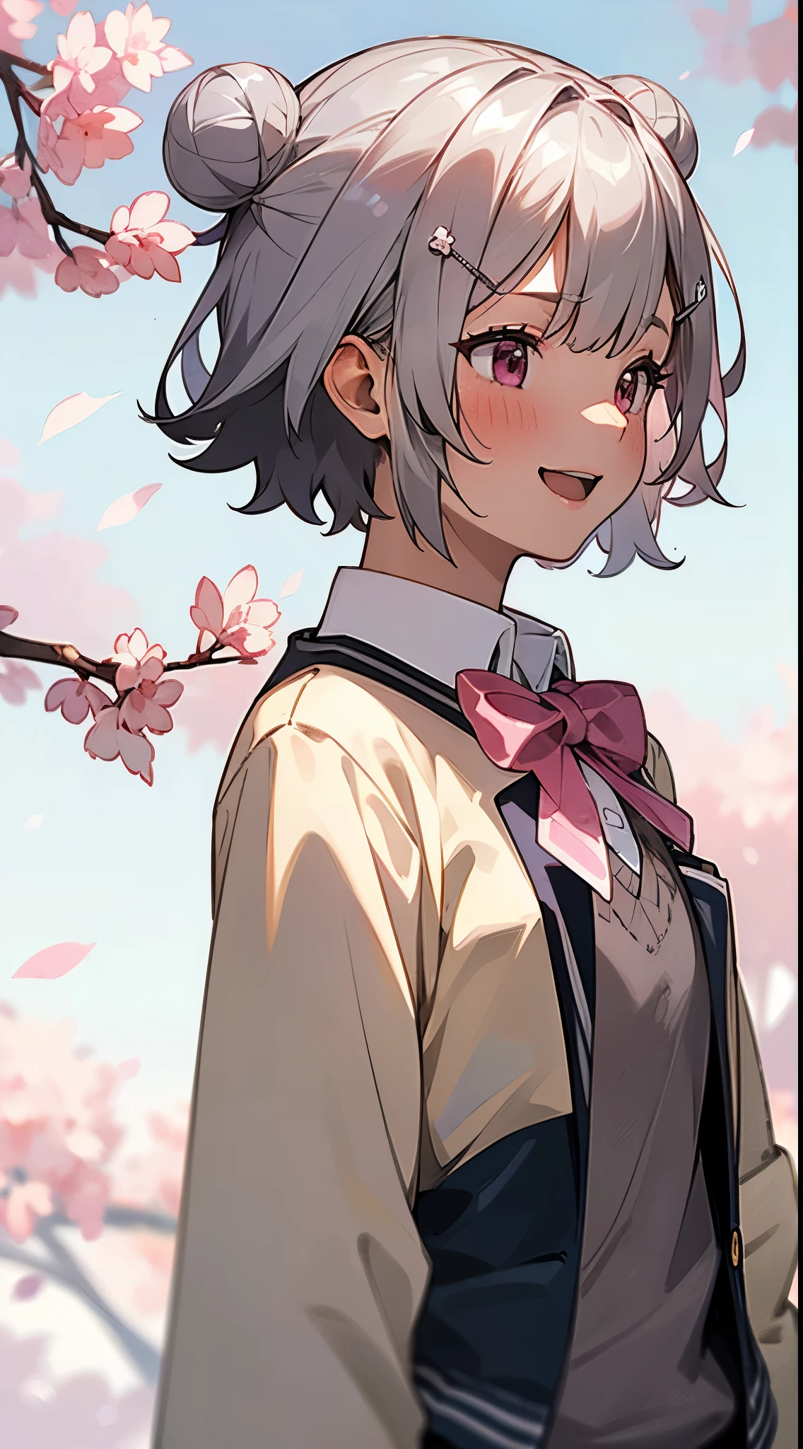 (highest quality,High resolution:1.2),silver haired 、Short silver bob hair styled into a bun with a hair clip, pink eyes、blush、laughter、一緒にlaughterます、profile、upper body close-up、sakura park