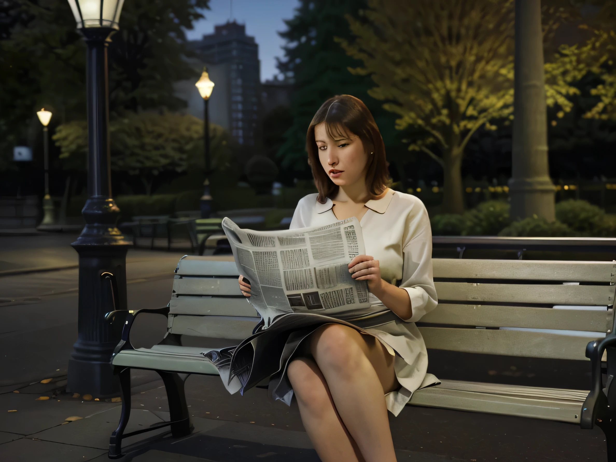 edward hopper style, woman sitting on a park bench, reading a very large newspaper, newspaper covers the woman's face, night time, lamp post, buildings in the background