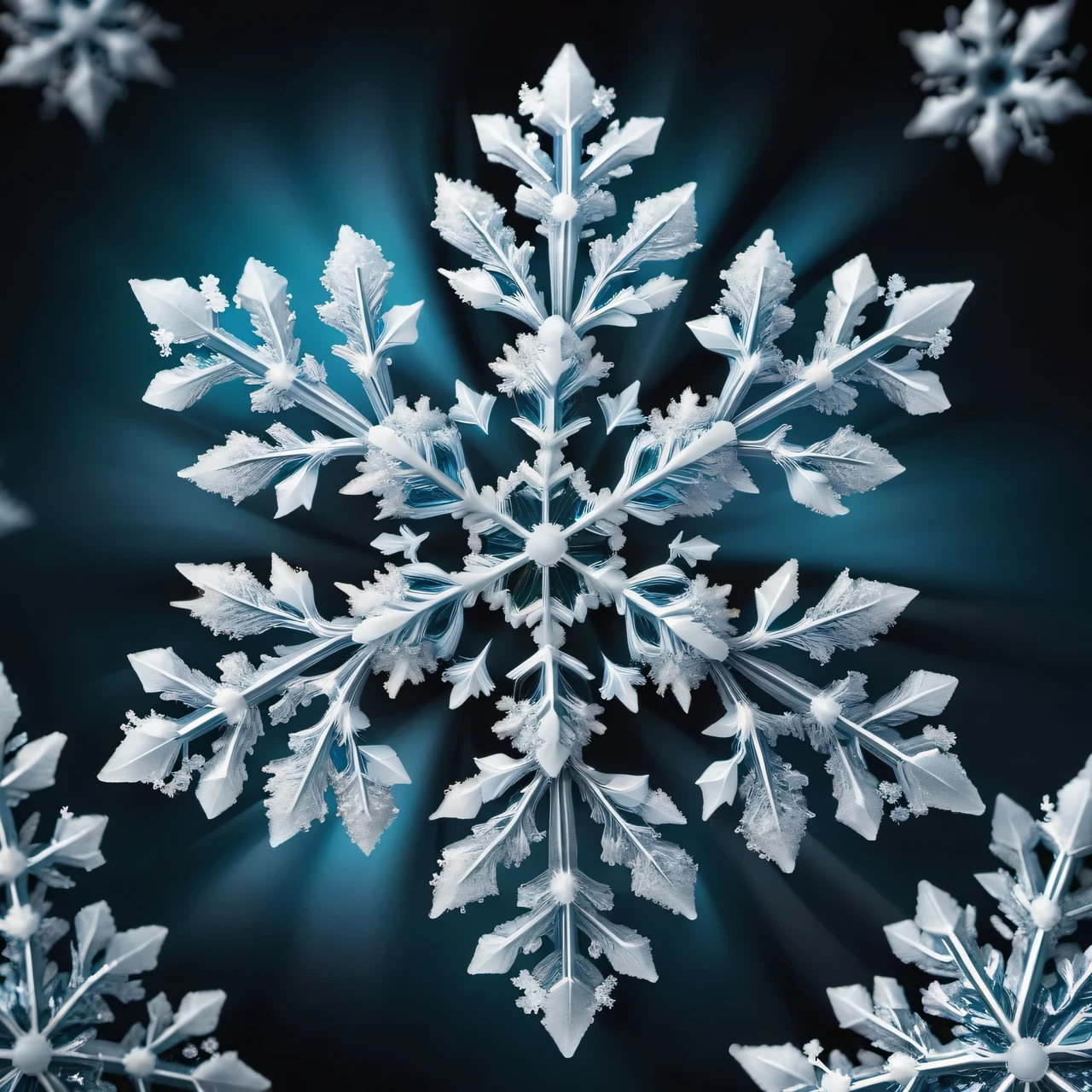 Macro shot 1 snowflakes, Maximum magnification, snowflake completely symmetry, Photorealistic, High depth of field, A high resolution