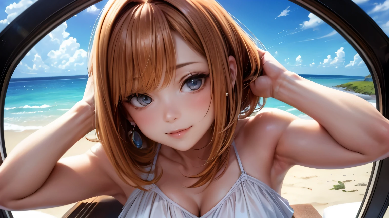 (masterpiece:1.2), (highest quality:1.2),, Curvy but slender body, perfect eyes, perfect face, perfect lighting, 2 girls, ，on the beach，（pink swimsuit），（one piece swimsuit），（whole bodyのフルショット），（short hair），（smile），curly hair,My chest sways, detailed outdoor background, compensate, eye shadow, thick eyelashes, fantasy, looking at the viewer, whole body、blue sky、bright and beautiful face、young shiny glossy white shiny skin、the best beauty、the most beautiful bright blonde hair in the world、thin hair、short hair、Shining beautiful bangs、big shining blue eyes、very beautiful and nice 18 years old, the most beautiful girl in the world、small breasts