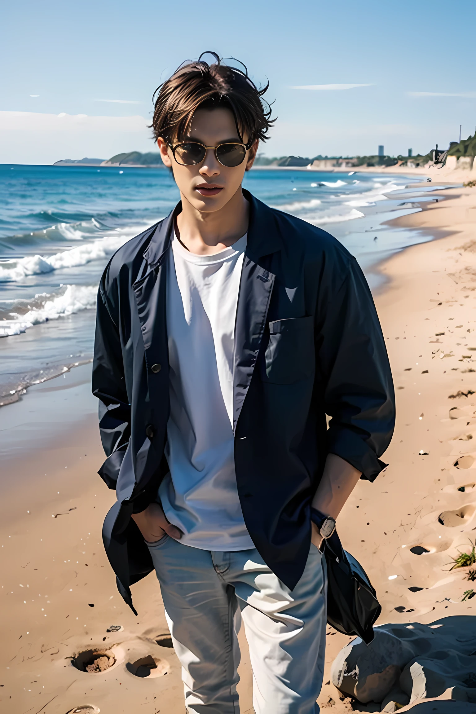 Handsome man with short hair , beach