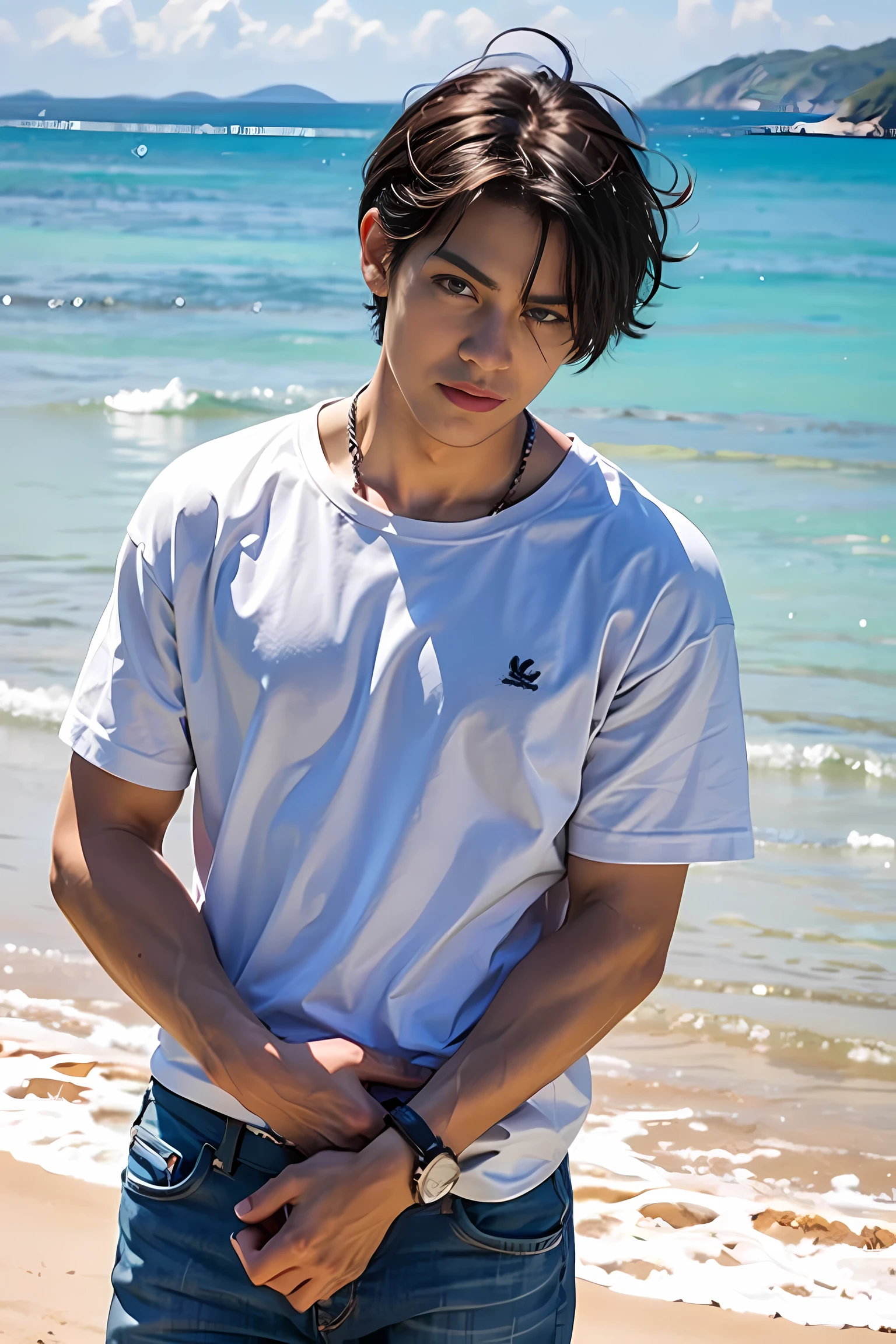 Handsome man with short hair , beach