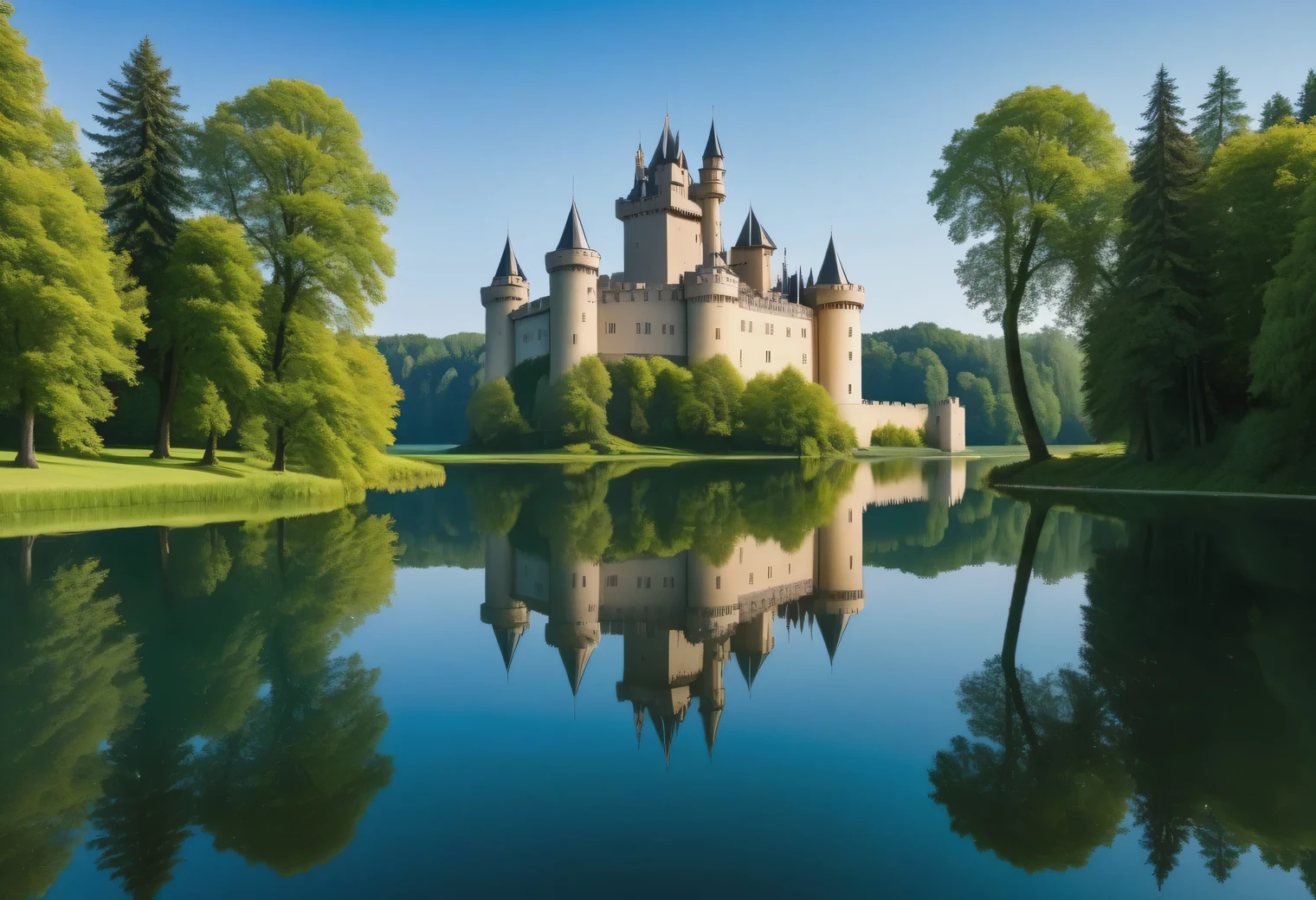 Photograph of a landscape with reflection in water., there is a castle and trees on the lake shore, the castle and trees are symmetrically reflected in the water, symmetrical reflection, A high resolution