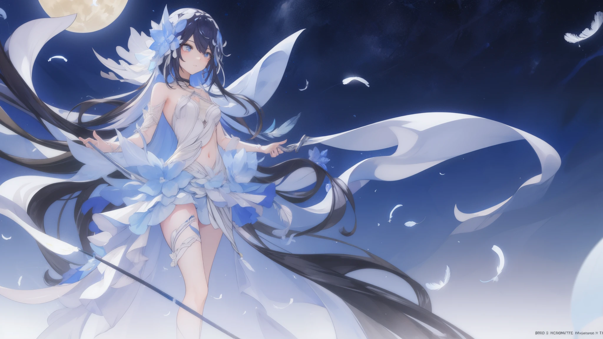 ((A close up shot)) of a anime girl, (standing in the moon), cinematic light, slim body with curves, skin perfectly white, soft, and smooth, ((no nsfw)), Extremely delicate and beautiful CG illustration, best quality, high resolution, dynamic angle, full-length lens, (1 girl), floating, soft light, high-key lighting), glowing light, blue aura, feathers fluttering background, blue crystal