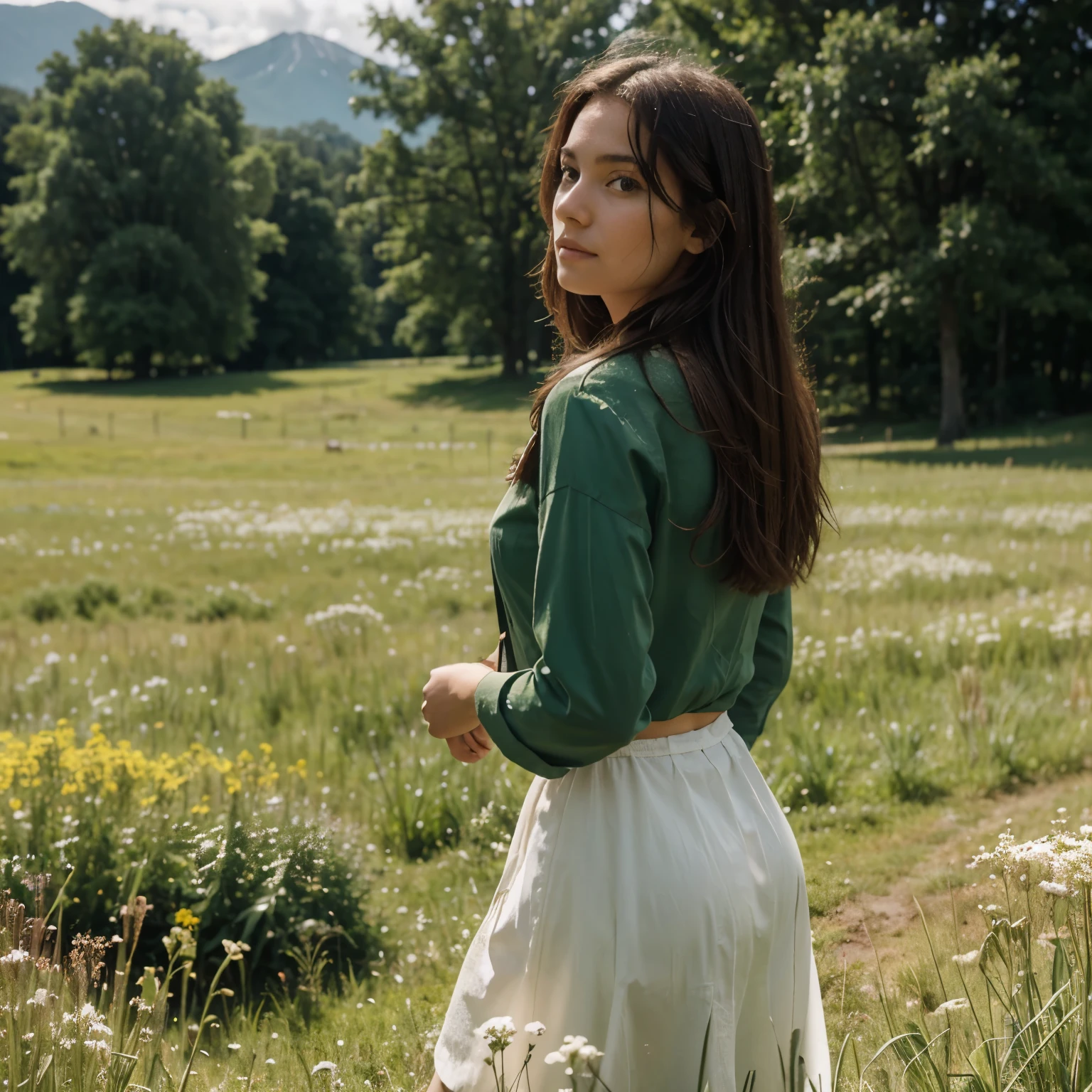 In a green meadow stands a girl leading a group of knights.
BREAK
With a brave expression, she guides them towards their destination.
BREAK
Behind her, a green forest stretches out and beyond that, mountains rise in the distance.
BREAK
The most suitable effect for this scene would be a watercolor painting technique to capture the softness of the meadow and the fluidity of the movement.