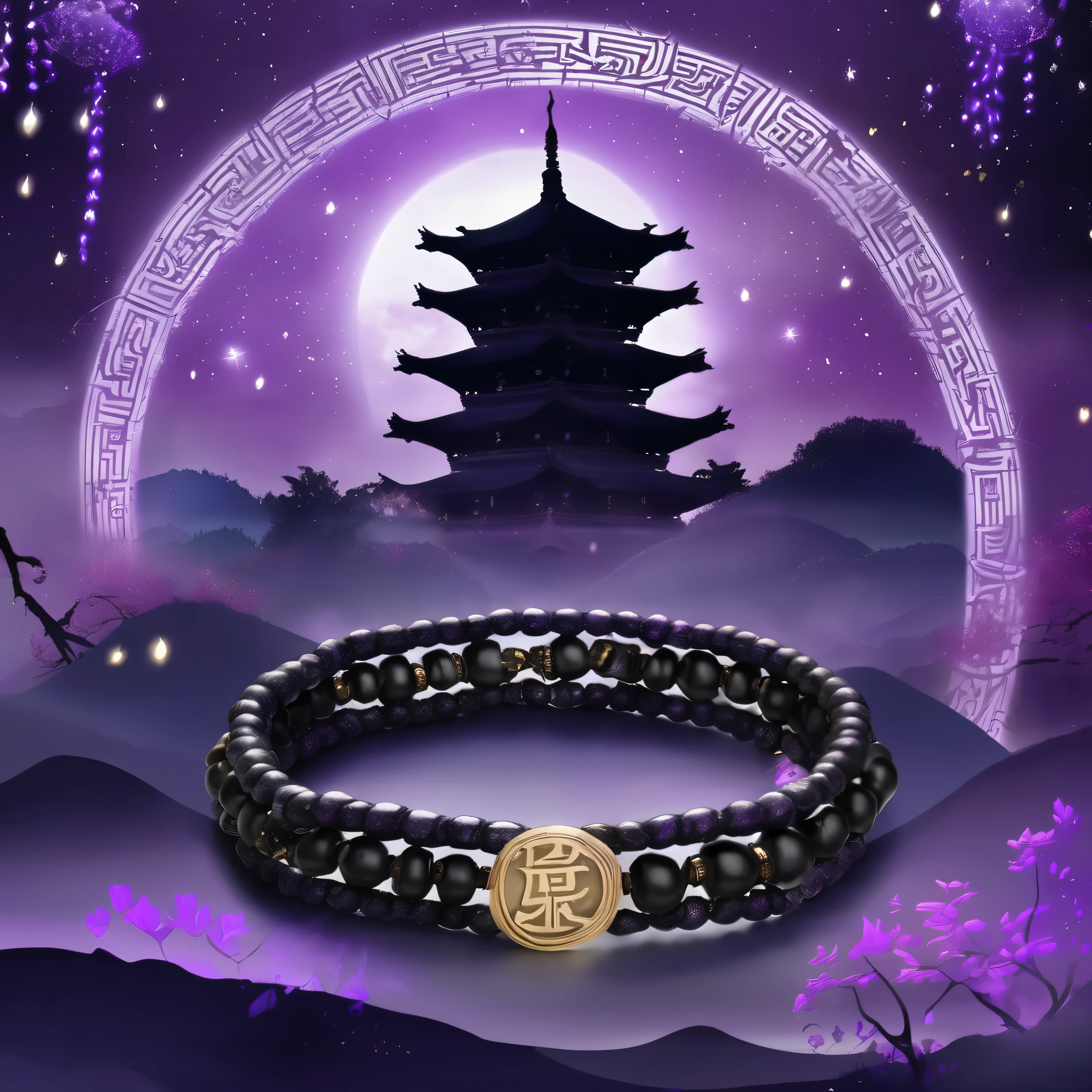 In the mysterious purple mist,A string of black bracelets slowly emerged,The bracelet is engraved with complex forbidden spell runes..,Surrounded by twisted space and twinkling stars,The background is an ancient Xiuxian pagoda,The light sources are unstable starlight and dim lights from distant tower tops。