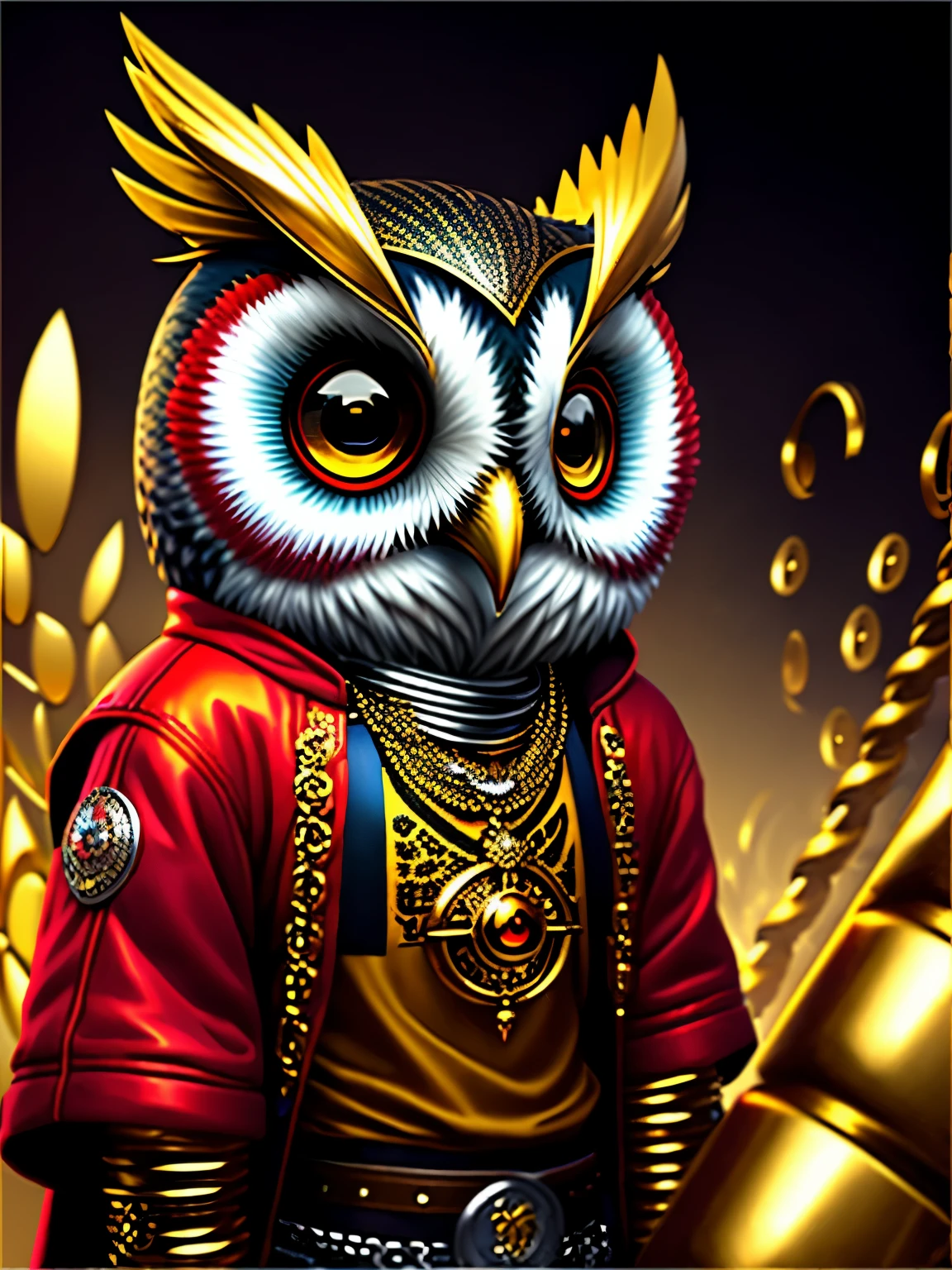 Photo of an owl surrounded by gold and silver treasures, art station trends, dressed in punk clothes, Surrealistic detailed rendering, British gang member, Urban style, intimidating pose, owl planet, fashion clothes, urban samurai, meow, Features of the Western Slavs, 8 1 5、background is red