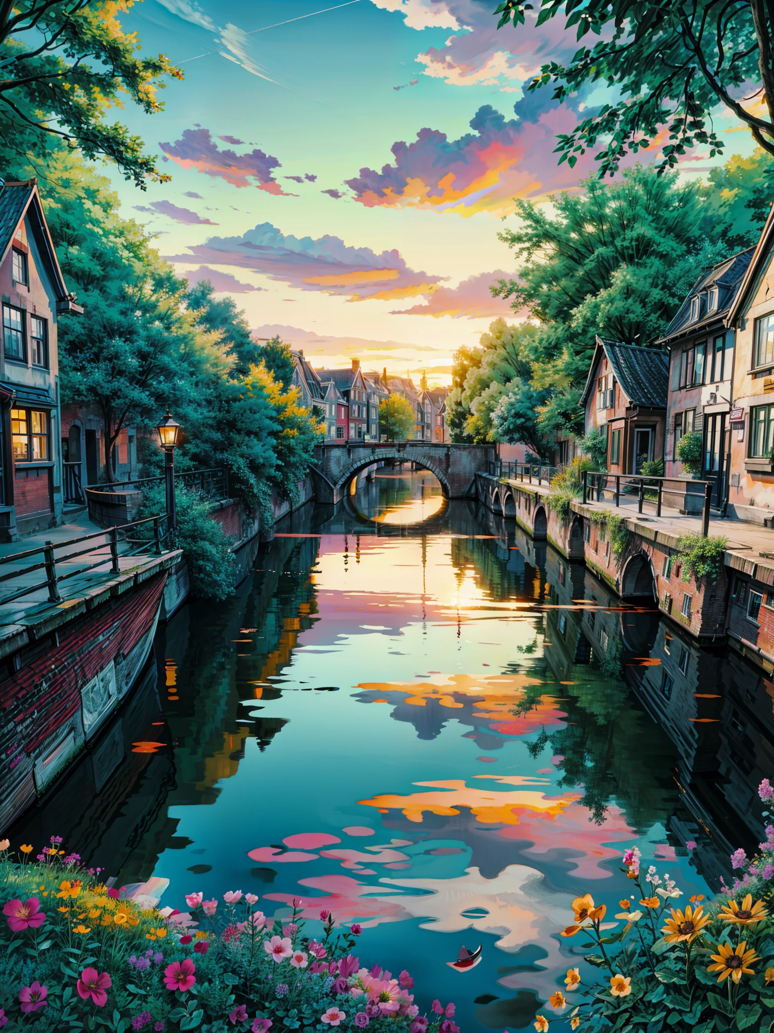 a couple of bikes parked next to each other on a bridge, gorgeous romantic sunset, canals, the netherlands, outdoors european cityscape, scenic colorful environment, golden hour photography, netherlands, amsterdam, stunning sunset, dutch landscape, beautiful summer landscape, canal, beautiful dreamy landscape, beautiful sunrise, beautiful landscape background, landscape scenery, vibrant sunrise, vibrant sunset, colorful sunset, floral sunset, 4k hd,, beautiful art uhd 4 k, a beautiful artwork illustration, beautiful digital painting, highly detailed digital painting, beautiful digital artwork, detailed painting 4 k, very detailed digital painting, rich picturesque colors, gorgeous digital painting