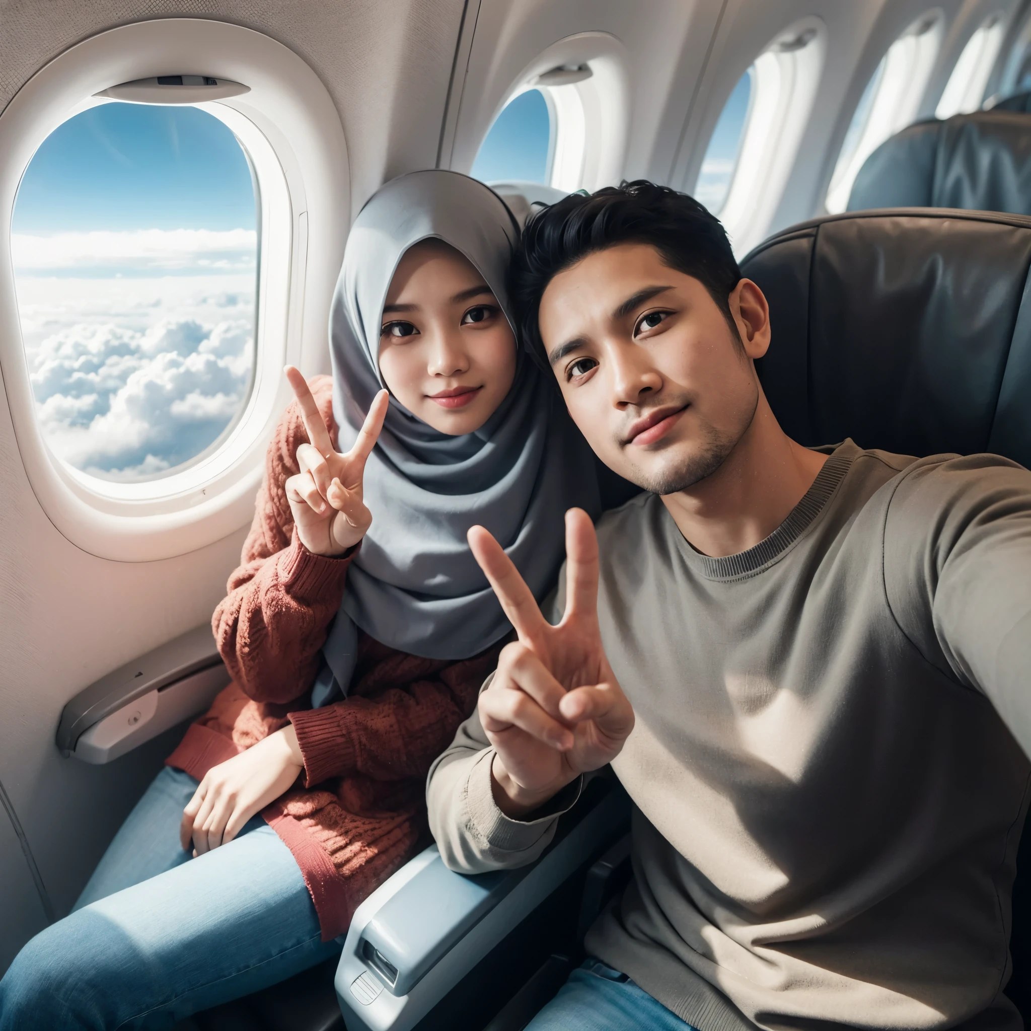 Photo in the plane, a selfie of an Indonesian family with 2 members. a 35-year-old man, clean face, a 36-year-old woman with a large body, wearing a hijab, wearing casual clothes and jeans, they wear non-formal clothes, pose with hand raising two fingers forming a v, looking at the camera while hand posing peace sign, beautiful light, romantic moment, nice cloud view, professional photography 