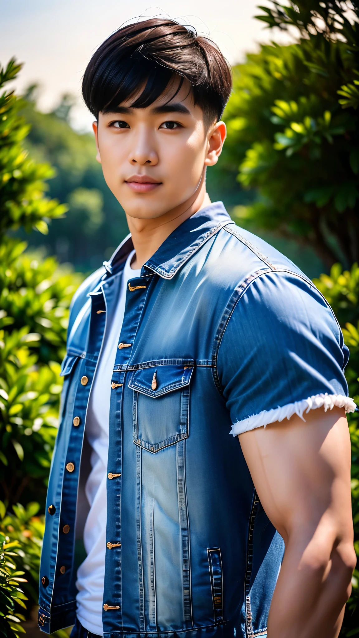 Masterpiece, best quality, High quality, วอลล์เปเปอร์ CG unity 8k ที่มีvery detailed, depth of field, HDR,,ภาพrealistic,very detailed, 1 man smiling, Asia, black short hair, (Wear a white t-shirt, Short sleeve blue denim jacket), chest muscles, Big arm muscles, blood vessel, big muscles, Broad shoulders, looking at the audience, Balancing the eyes, professional photography, advertising shoot, face looking at camera, Portrait from the side, realistic, with the sunset atmosphere, Walking into the dark forest with a camera