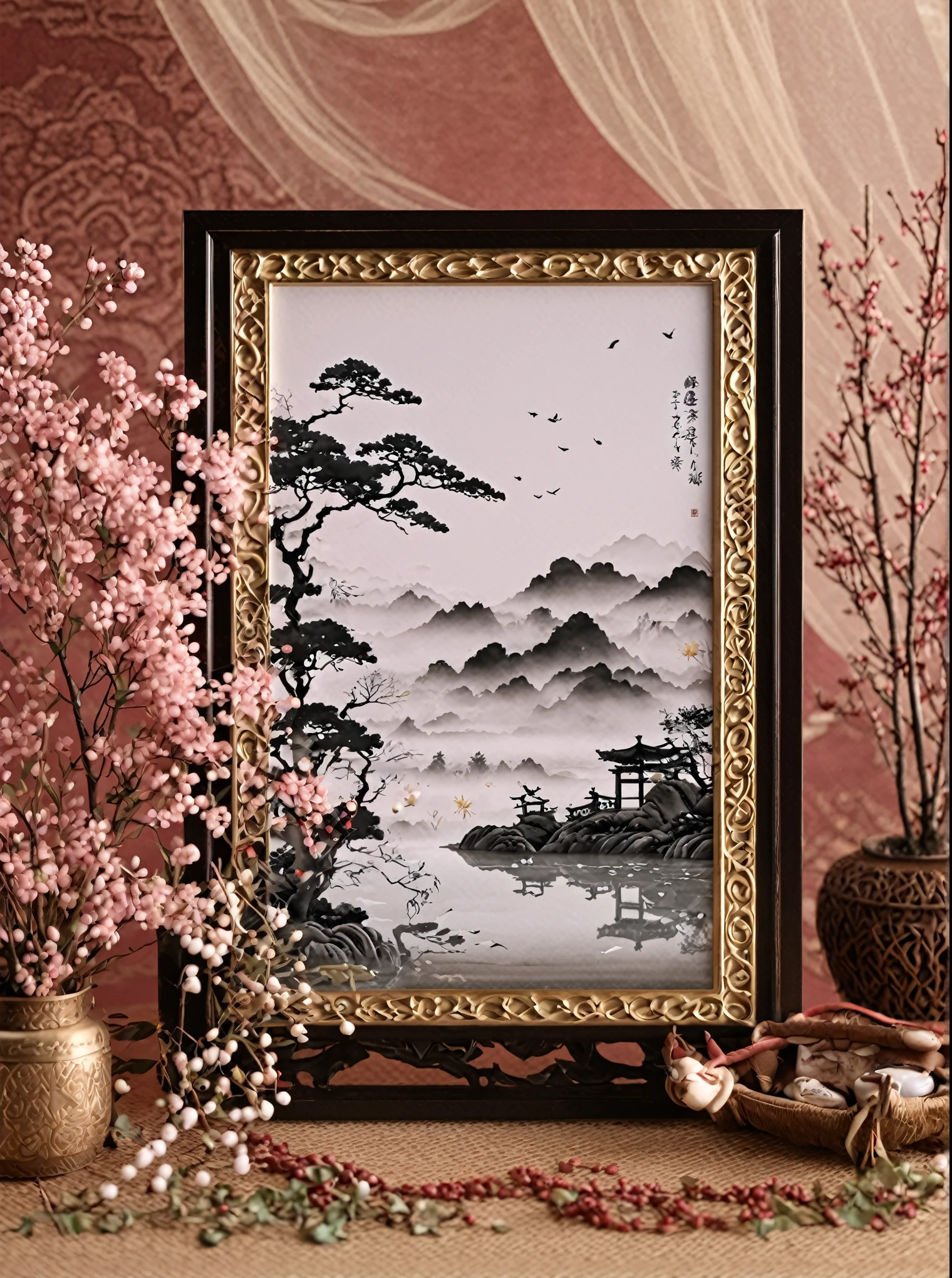 Whimsical and playful, Photo ink painting light hanfu,A portrait inspired by traditional Chinese art, Depicts a woman wearing ancient Hanfu.  The tranquil scenery is reminiscent of the tranquility found in Song and Ming classics. The golden calligraphy text and red seal complement the scene perfectly.,  All set in a palette rich in soft golds, white people, and crimson.tilt frame, Introduce a sense of tension or energy.,peace, Quiet environment. . monochrome, loose, liquid, expressive, Beautifully,rich and colorful . 35mm photo, , Bokeh, professional, 4k, Very detailed, Imaginative, Dreamy, bright colors, stylized, happy, Whimsical and playful