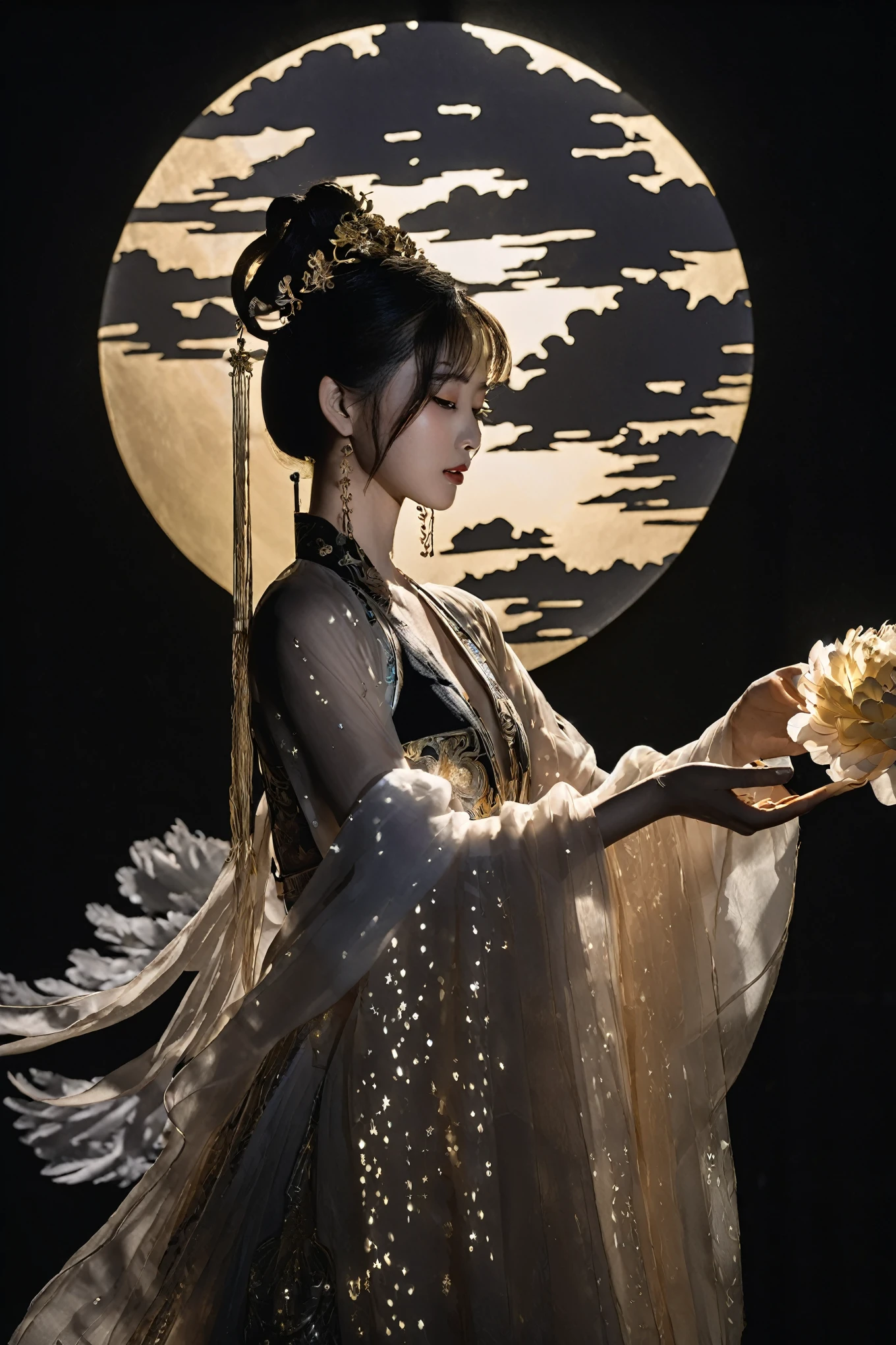 Vibrant rim light, In a country full of magic, Silhouette of a Chinese girl illuminated, Gorgeous and luxurious Hanfu，As if radiating light from the inside out, Floating elegantly in this fantasy space. mysterious clouds, shimmering gold and silver, surround her, Reminiscent of the immortals descending into the mortal world. in her slender hands, She holds a radiant peony in her hand, its glow contrasts with its shadow. The moment the petals dance in the wind, Cast a playful shadow, Beautifully immortalized by artists. Glowing lights and shimmering shadows dance around her body, Evoking the elegance of traditional ink painting, But the dynamic interplay of light and dark. This masterpiece combines the vision of a modern artist, Use the brilliance of Hanfu to highlight the strong dramatic effect of light and shadow, Produce extremely abstract and bright artwork. luxury, avant-garde, chic, editorial, magazine style, professional, intricate details, ambient lighting, rake light., bright rim light, high contrast, bold rim light