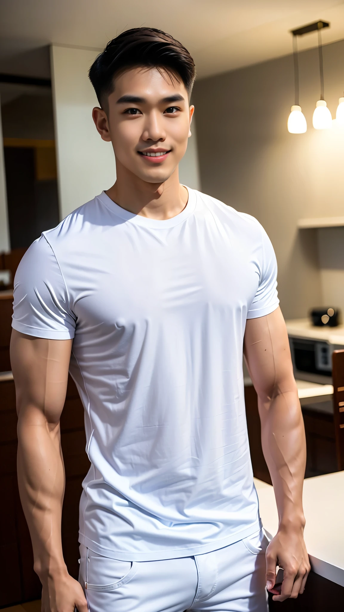 1 man, ทรงผม Crew Cut, smile showing teeth, full body, (Wearing a tight white round neck t-shirt from the Under Armor brand.), Jeans, Korean people , korean men, (high glossy details), chest muscles, large arm muscles, blood vessel, big muscles, Broad shoulders, looking at the audience, Balancing the eyes, Behind is the kitchen.