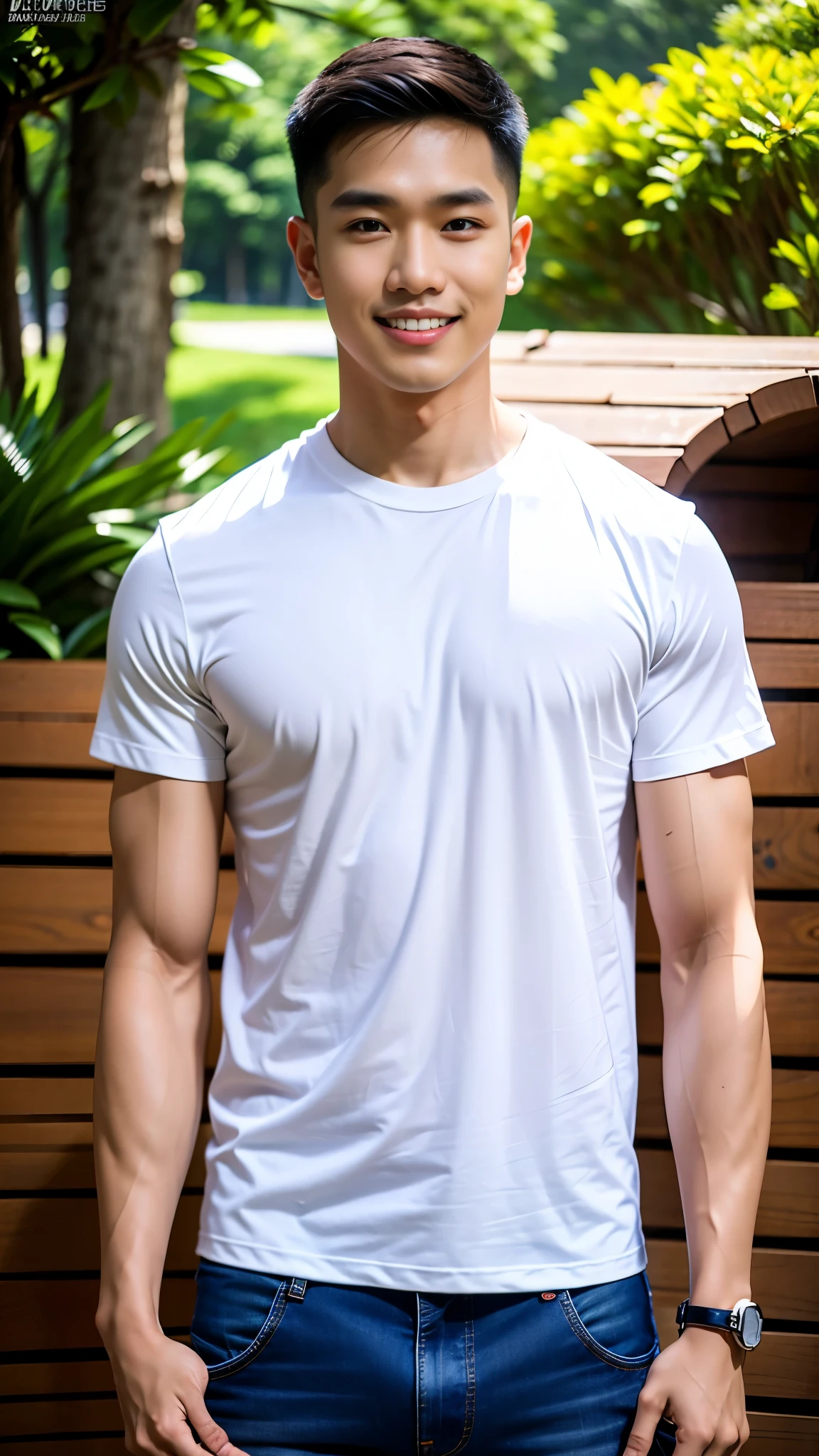 1 man, ทรงผม Crew Cut, smile showing teeth, full body, (Wearing a tight white round neck t-shirt from the Under Armor brand.), Jeans, Korean people , korean men, (high glossy details), chest muscles, large arm muscles, blood vessel, big muscles, Broad shoulders, looking at the audience, Balancing the eyes, Behind is the kitchen.