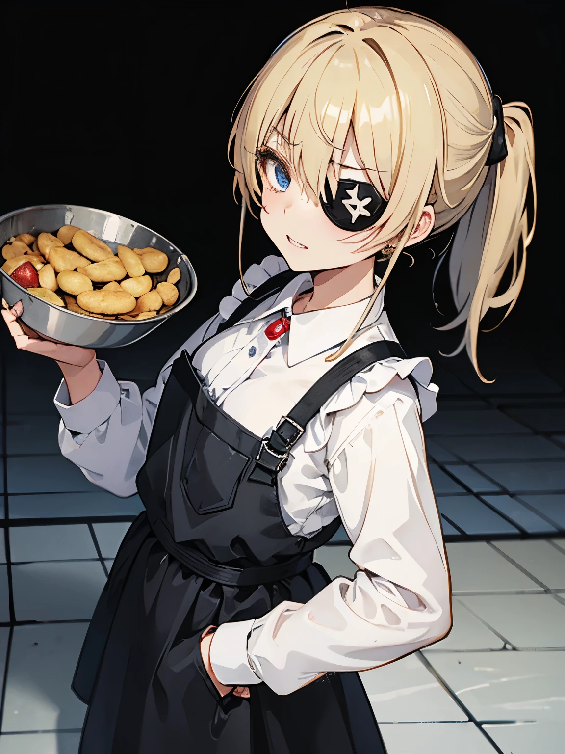 blonde、medium short、maid服、maid、((He wears a black eyepatch over his left eye.))、have double teeth、laughing、glaring at、blue eyes、upper body only、On the right is a frying pan girl、Kitchen background、big breasts、tits、The morning sun shines in