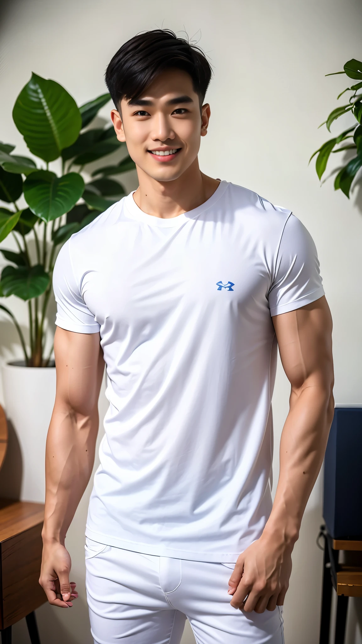 1 man, ทรงผม Crew Cut, smile showing teeth, full body, (Wearing a tight white round neck t-shirt from the Under Armor brand.), Jeans, Korean people , korean men, (high glossy details), chest muscles, large arm muscles, blood vessel, big muscles, Broad shoulders, looking at the audience, Balancing the eyes, Behind is the kitchen.