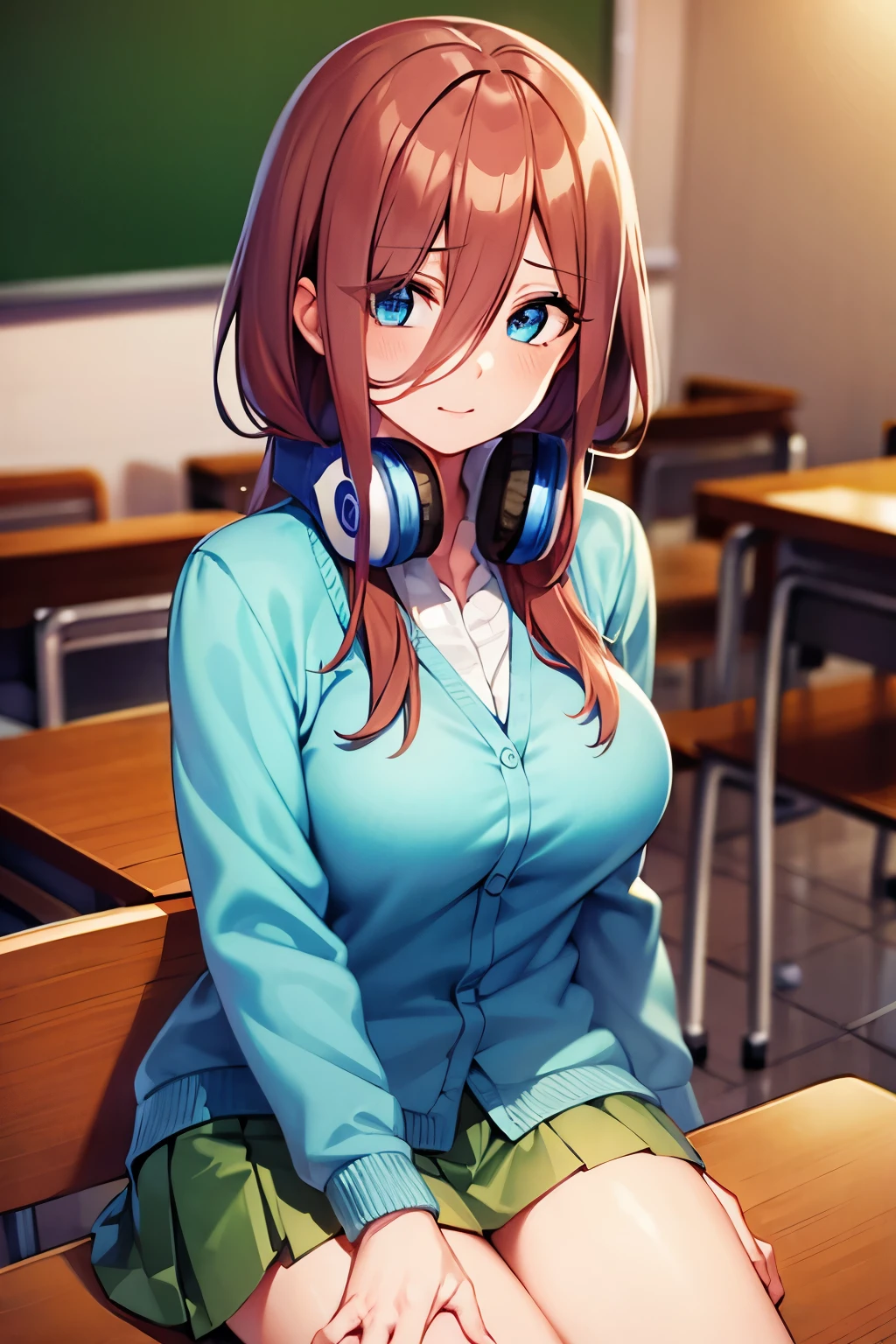 mikunakano, miku nakano, long hair, bangs, blue eyes, brown hair, shirt, hair between eyes, headphones, cardigan, headphones around neck,
BREAK skirt, shirt, long sleeves, white shirt, pantyhose, pleated skirt, black pantyhose, cardigan, green skirt, blue cardigan,
BREAK indoors, classroom,
BREAK looking at viewer, BREAK (masterpiece:1.2), best quality, high resolution, unity 8k wallpaper, (illustration:0.8), (beautiful detailed eyes:1.6), extremely detailed face, perfect lighting, extremely detailed CG, (perfect hands, perfect anatomy),