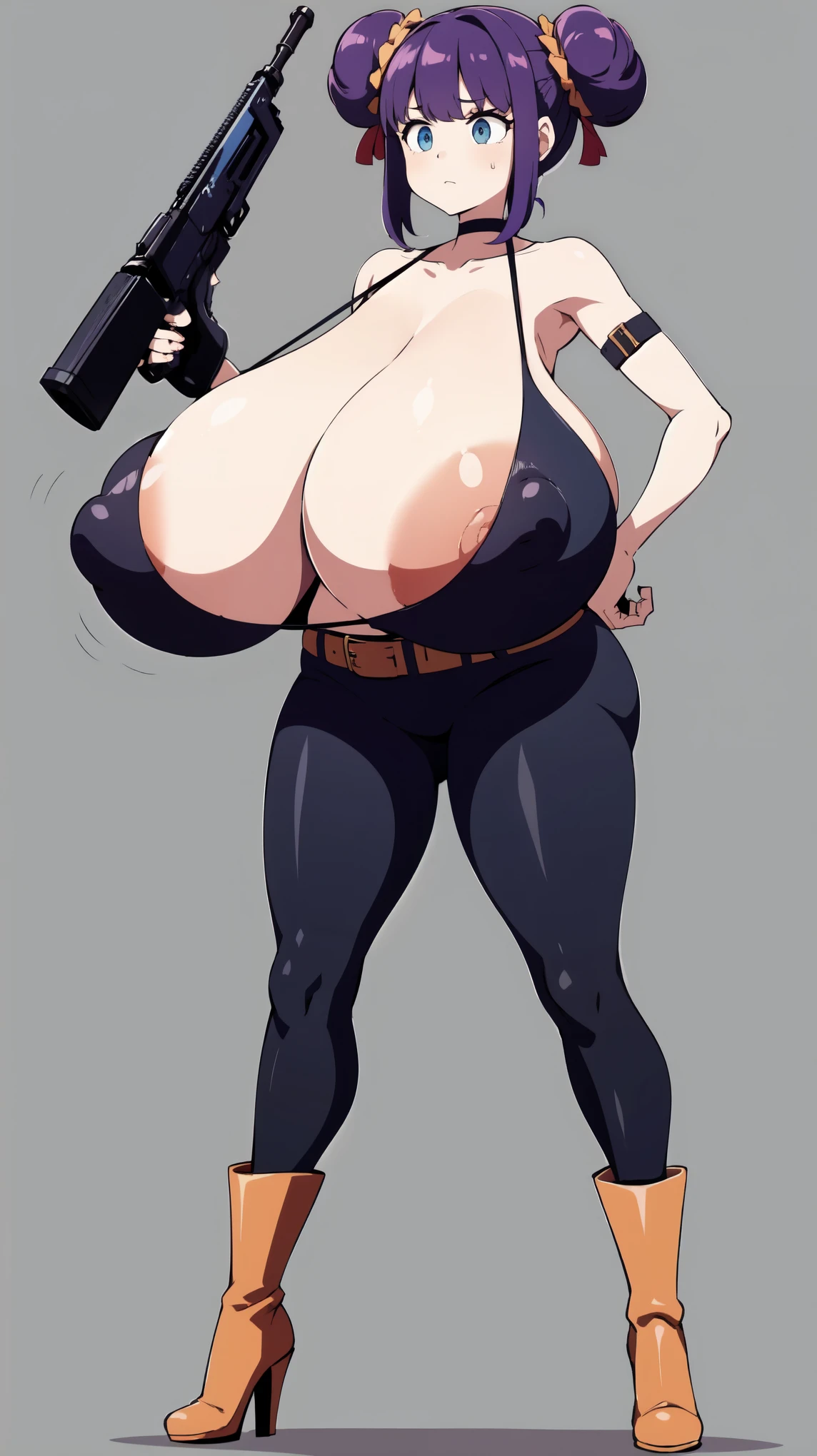 Slime girl, (slime), Slime hair Double buns hair style, Pumpkin Orange, weapon belt, Masterpiece, Best Quality, gigantic breasts, slime girl, slime girl, purple hair, lavender hair, yellow clothes, weapon belt around waistline, exposed yellow bra, yellow clothes, wearing yellow clothing, gargantuan breasts, black heels, Fully body view , shotgun, holding shot gun, black shotgun